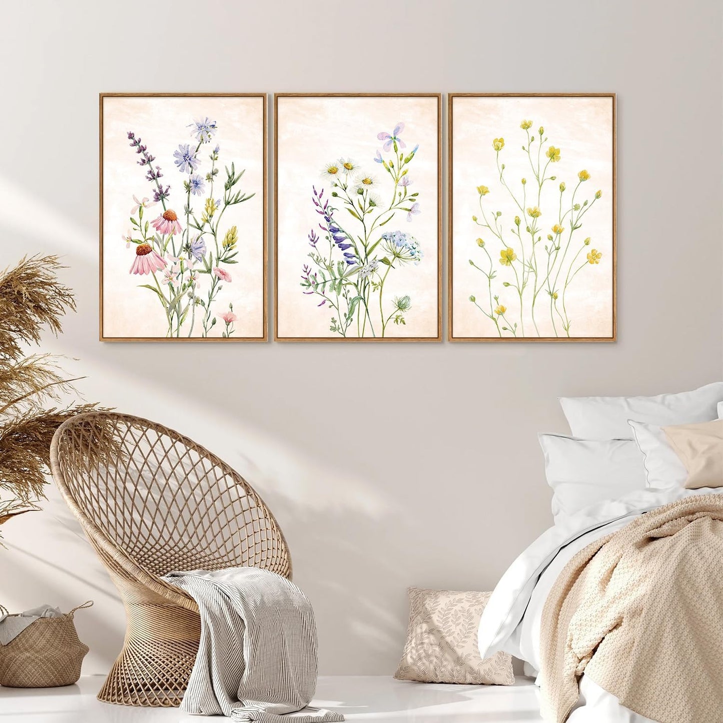 SIGNINART Watercolor Wildflower Framed Canvas Wall Art Set of 3, Boho Botanical Spring Floral Wall Decor, Colorful Minimalist Plant Art Prints for Farmhouse Living Room, Bedroom, Office, Bathroom 16"x24"