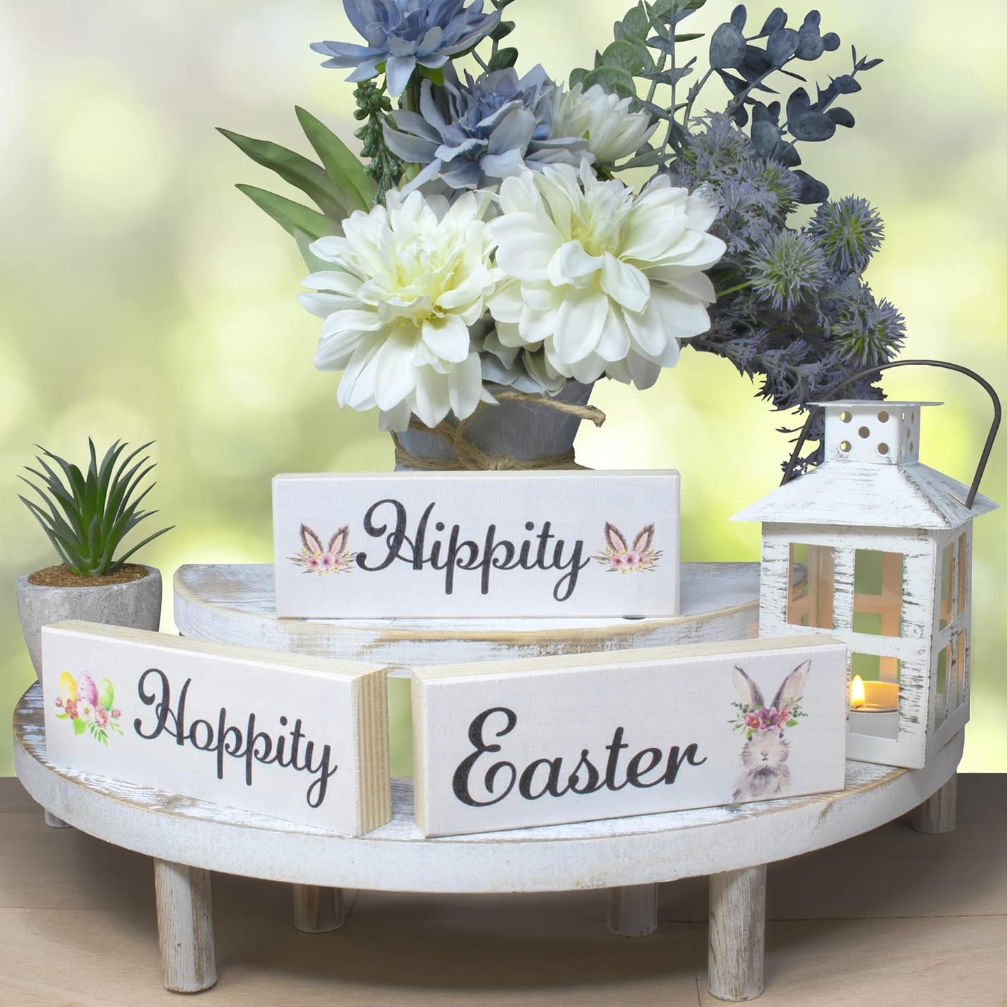 JennyGems Easter Bunny Decor 3pc Wooden Block Set, Tiered Tray, Wreath and Tabletop Decor for Easter Decorations