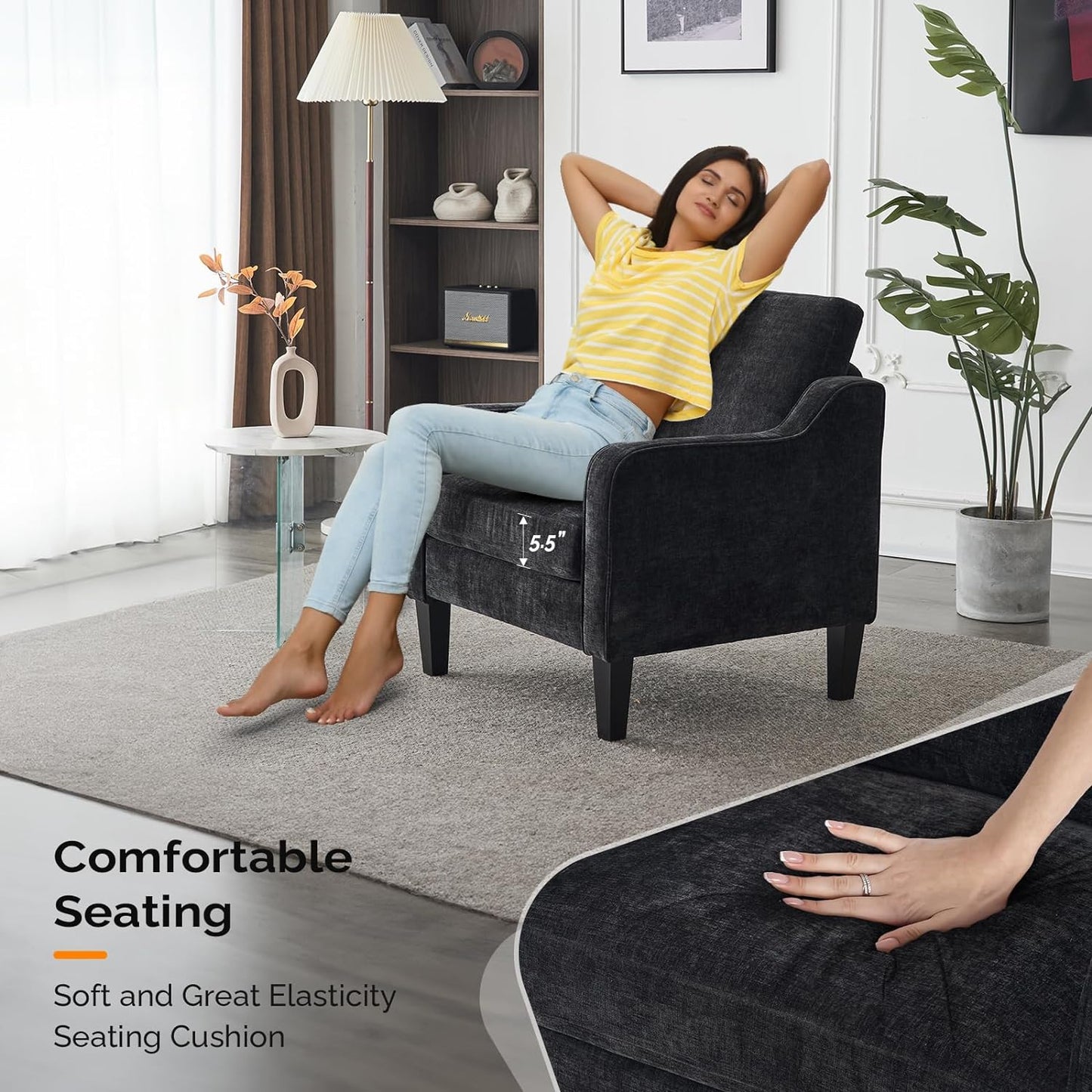 VINGLI Living Room Chairs Set of 2, Black Accent Chair 5.5" Thick Seat Cushion Comfy Chair Soft Chenille Side Chair Upholstered Arm Chair for Bedroom, Play Room, Apartment, Office (Black)