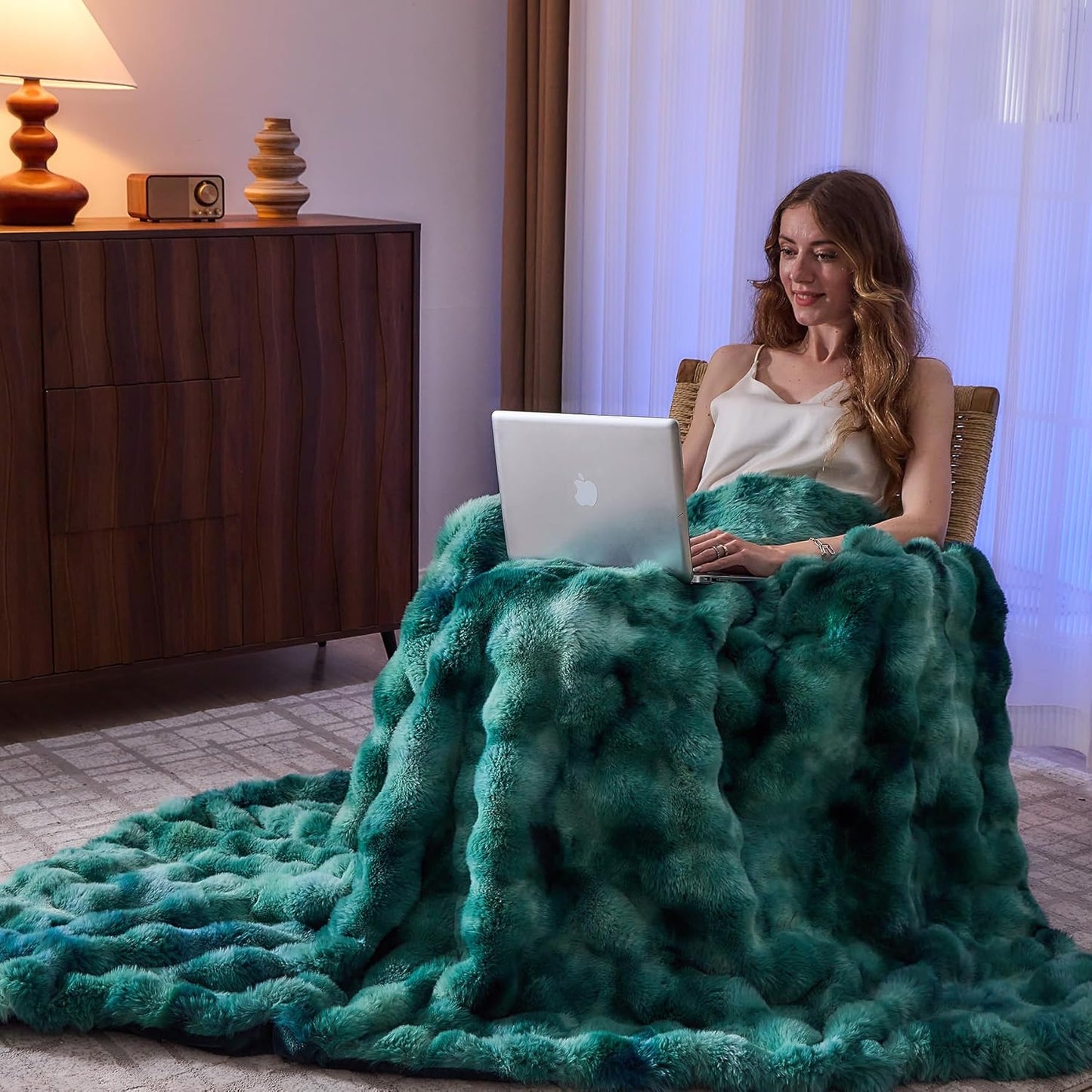 Lotus Karen Faux Fur Throw Blanket Tie-Dye Green-Big Bubble Rabbit Fluff Blanket for Couch,Small Fluffy Fuzzy Cozy Blanket,Thick Furry Plush Shaggy Blankets,50x60 Inches