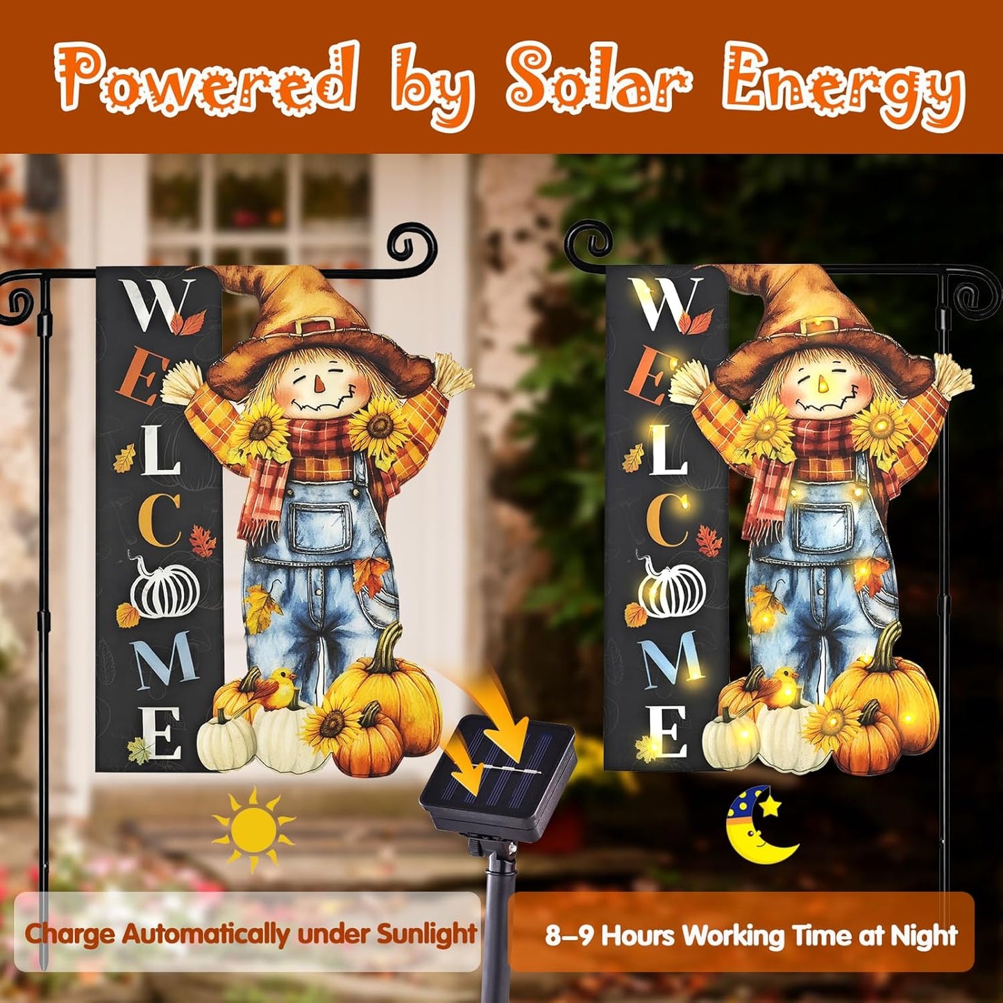 Thanksgiving Lighted Garden Flag, Solar Fall Outdoor Decor Yard Flag,8 Modes Led Scarecrow Flag,28x40 Double Sided Maple Leaf Pumpkin Bird Decorations for Home Porch