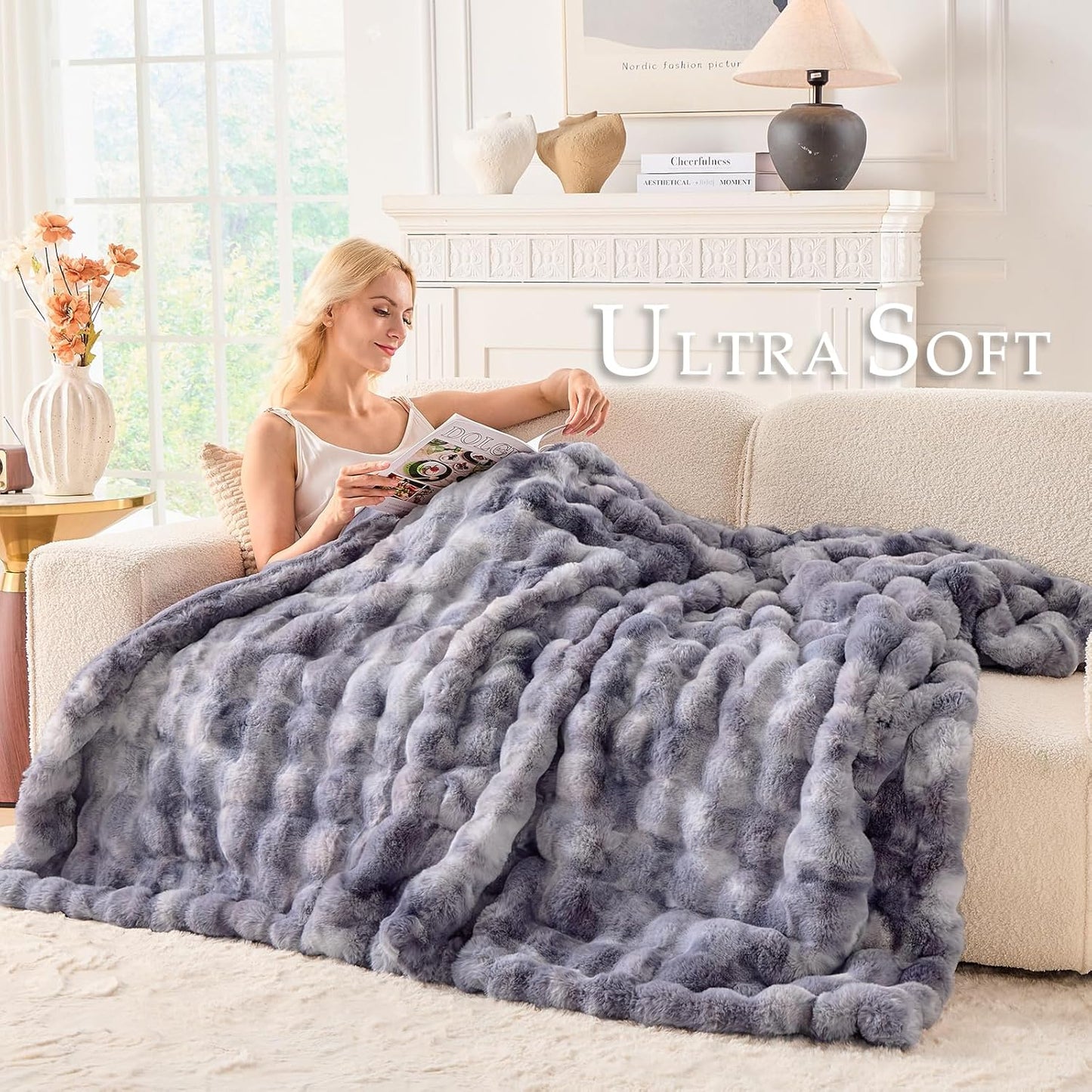 BENVWE Fluffy Faux Fur Throw Blanket for Couch - Soft, Plush, Thick, Cozy, Fuzzy Luxury Minky Bubble Blanket for Home Living Room Decor, Gifts for Women, Tie-dye Light Grey, 63" x 80", 1100GSM