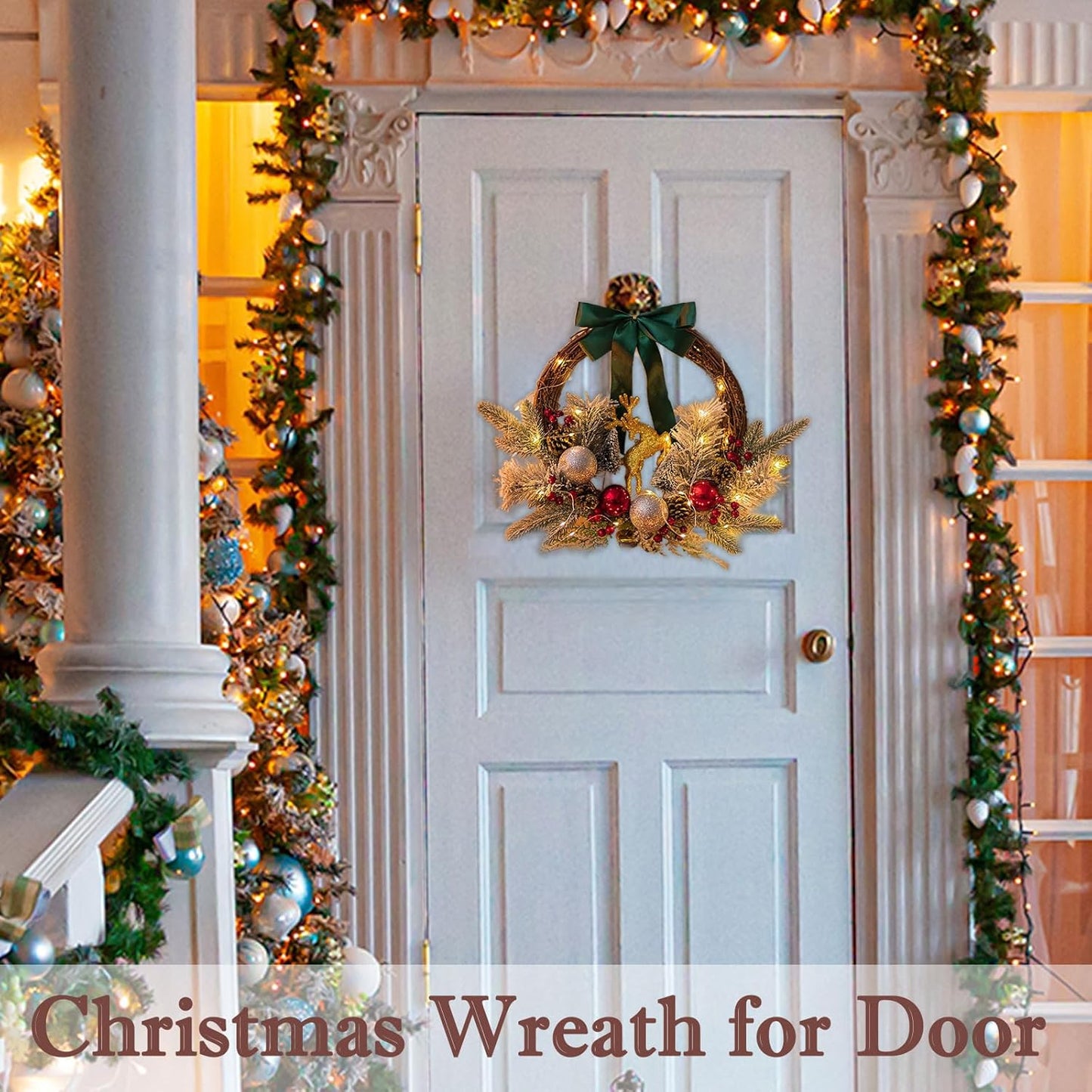 Christmas Door Wreath Lighted Xmas Wreaths - Walasis Winter Wreaths for Front Door Decor Outside Flocked Christmas Wreath Hanging with Lights for Wall