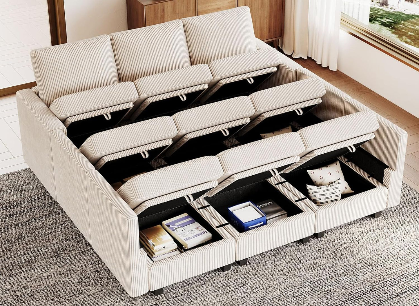 Belffin Corduroy Modular Sectional Sofa 9 Seat Convertible Sectional Sleeper Sofa Bed with Storage Ottomans Modular Sectional Couch Bed for Living Room Beige