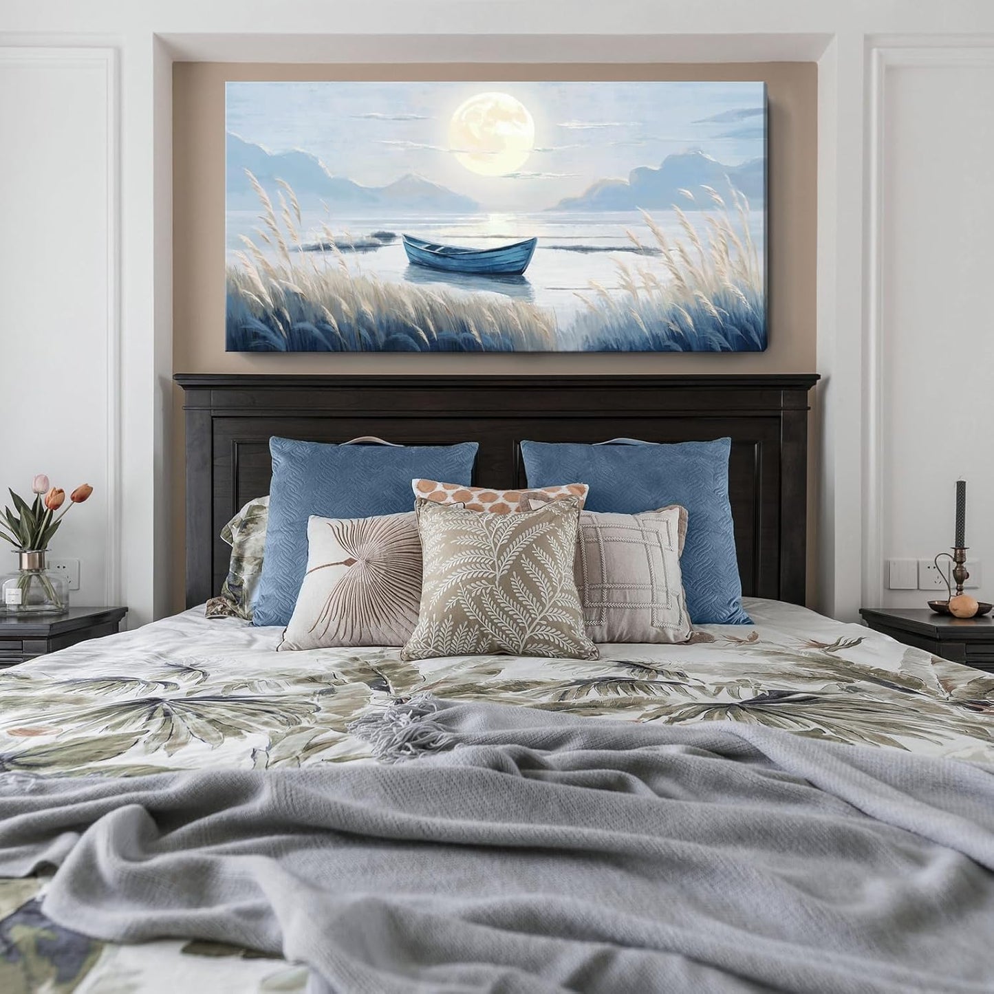 Oversized Large Living Room Wall Art, Blue Wall Decor for Bedroom, Modern Nautical Ocean Beach Seascape Nature Picture Sailboat Moon Lake Mountain Canvas Print Relaxing Serene Coastal Rustic Artwork