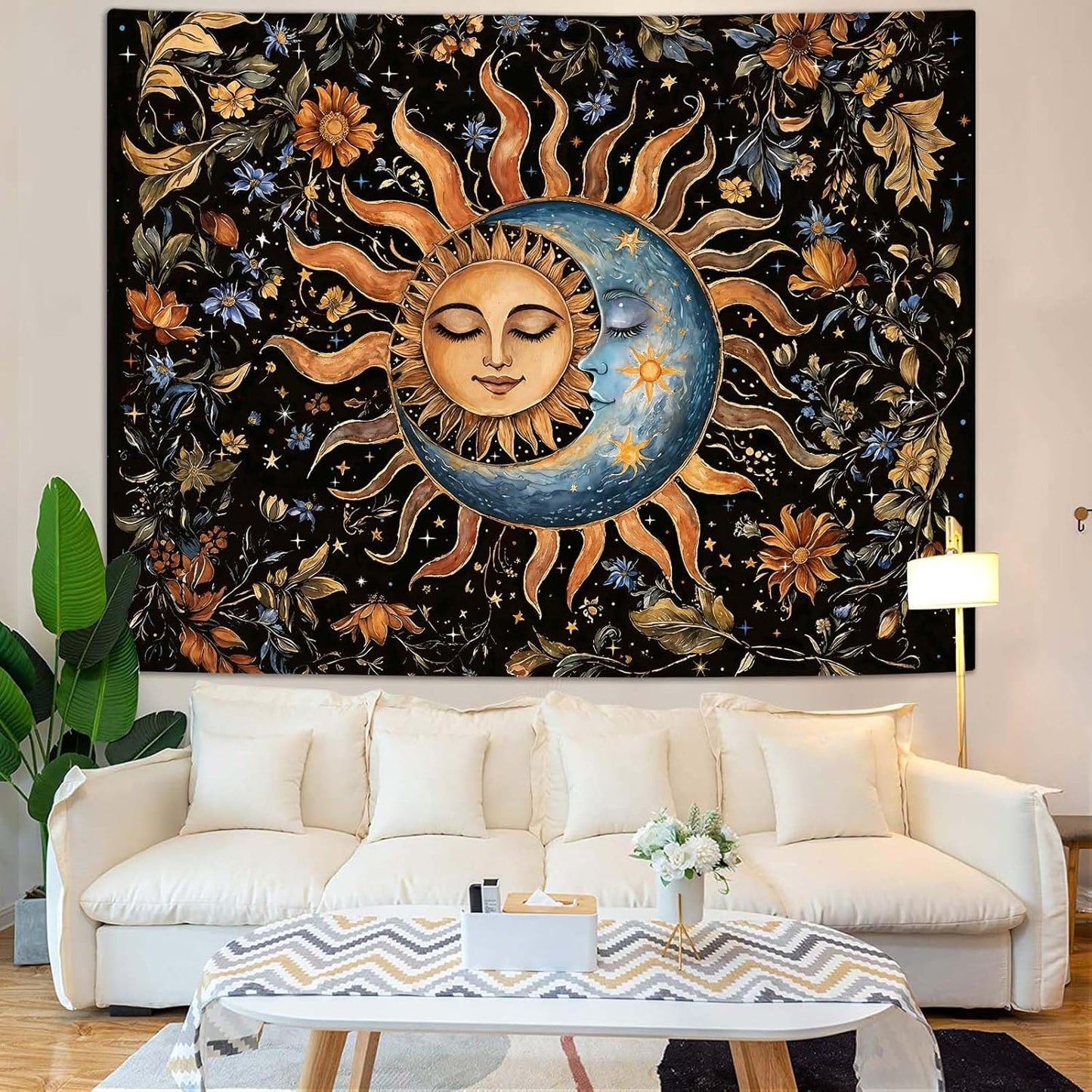 Aipon Sun and Moon Tapestry for Bedroom Boho Vintage Floral Hippie Wall Tapestry Aesthetic Retro Flower Plant Large Tapestries Wall Hanging for Living Room Dorm Decor 90 x 68 Inch