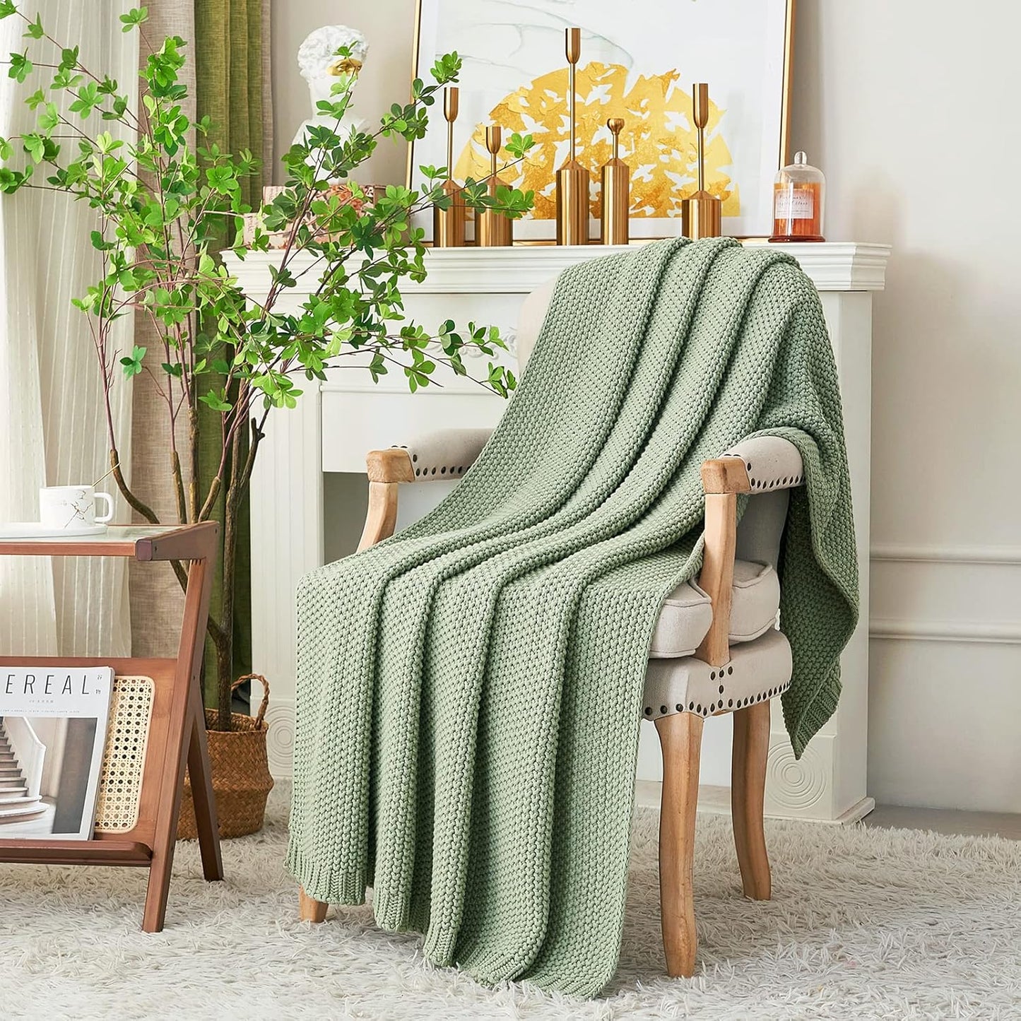 Chunky Cable Knit Throw Blanket Lightweight Light Green 100% Organic Cotton Blanket for Sofa Couch Bed Baby Nursery, Rustic Shabby Chic Modern Farmhouse, 51” x 63” Bonus Laundering Bag