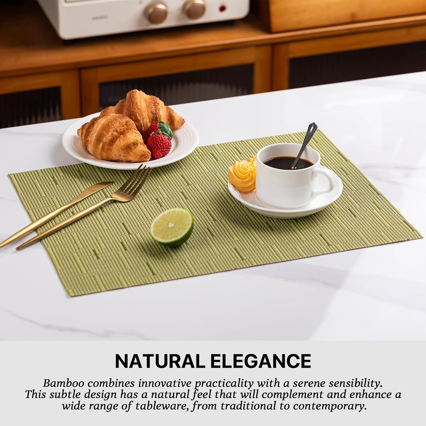 LEXMORE Placemats Set of 8 Vinyl/Plastic Woven Place Mats for Kitchen Table Indoor/Outdoor Washable Placemat Wipeable Dining Table Mats(Pea Green)