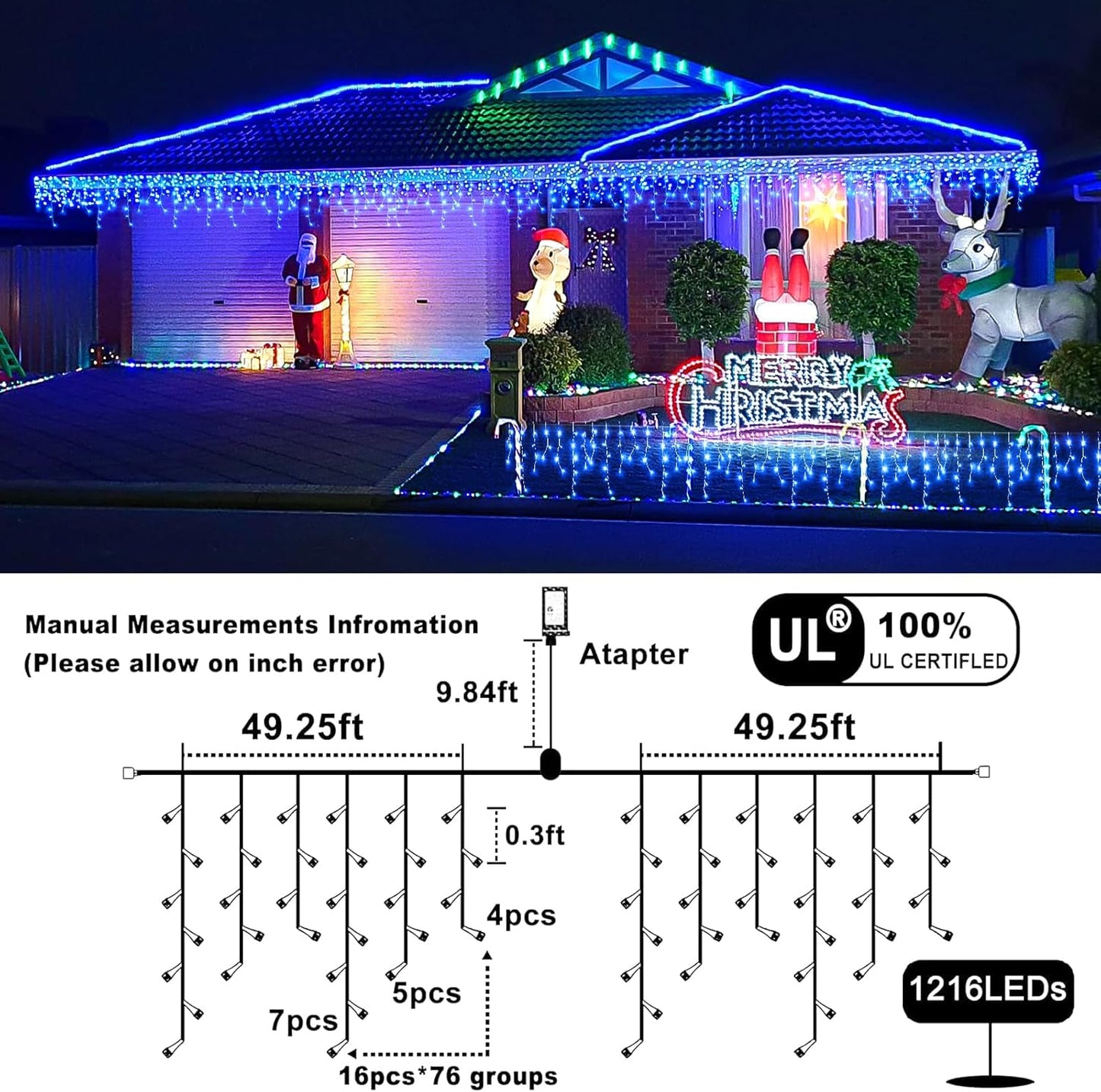 Icicle Christmas Lights Outdoor 99ft 1216 LED Icicle Lights for Outside 8 Modes with 228 Drops, Waterproof Plug in Blue Christmas Light for House Indoor Party Holiday Wedding Halloween Decorations
