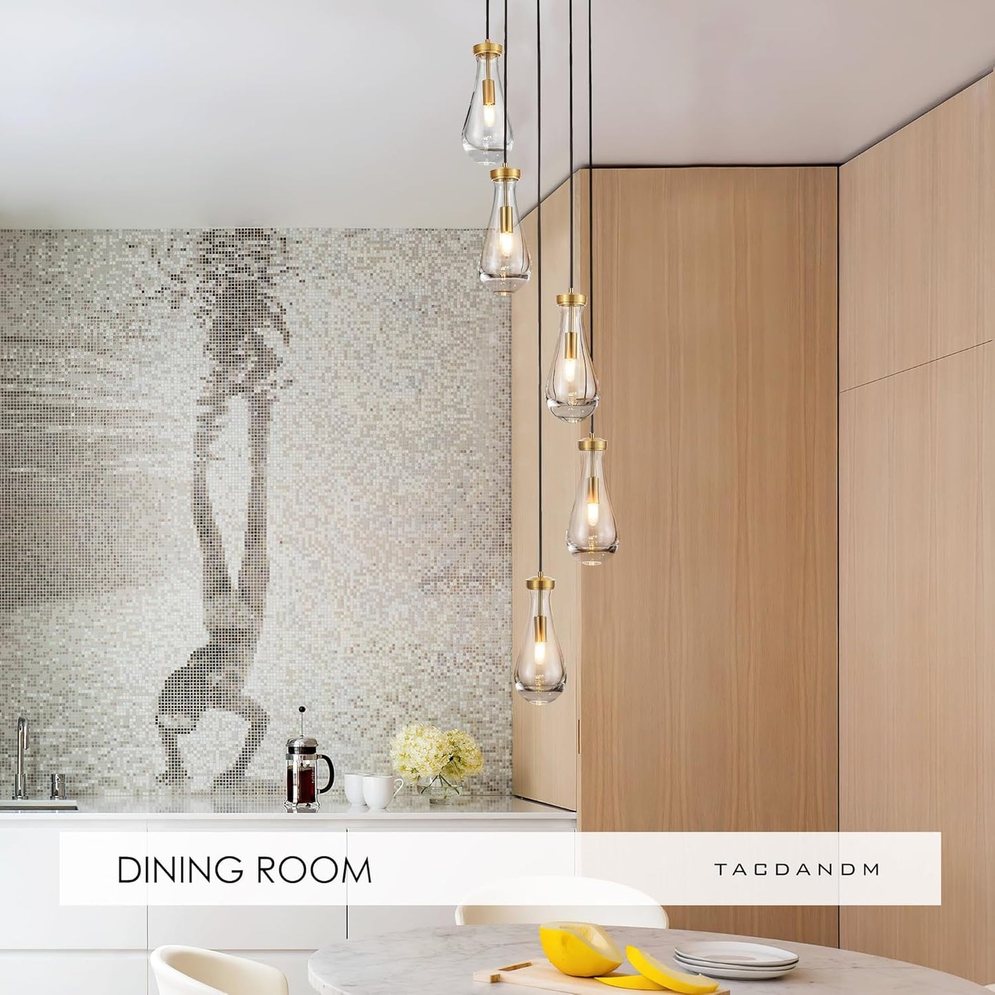 5-Light Raindrop Pendant Light Fixtures, Brass Glass Pendant Lighting, Teardrops Modern Hanging Light for Entryway Foyer Kitchen Island Dining Living Room Hallway