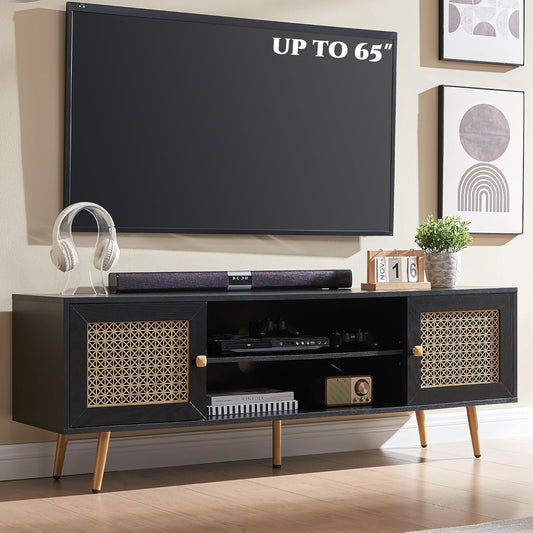 Mid Century Modern TV Stand for 65 inch TV, Entertainment Center with Storage, Metal Mesh Decorated Cabinet Doors for Living Room, Black