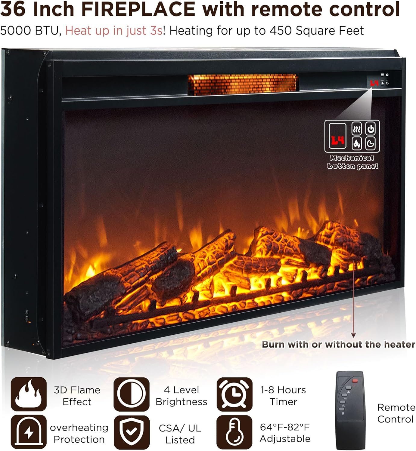 Fireplace TV Stand for 80 Inch TV, 35.7" Tall Farmhouse Entertainment Center W/36'' Electric Fireplace, Media Console with Large Storage Cabinets and Drawers for Living Room, Light Brown