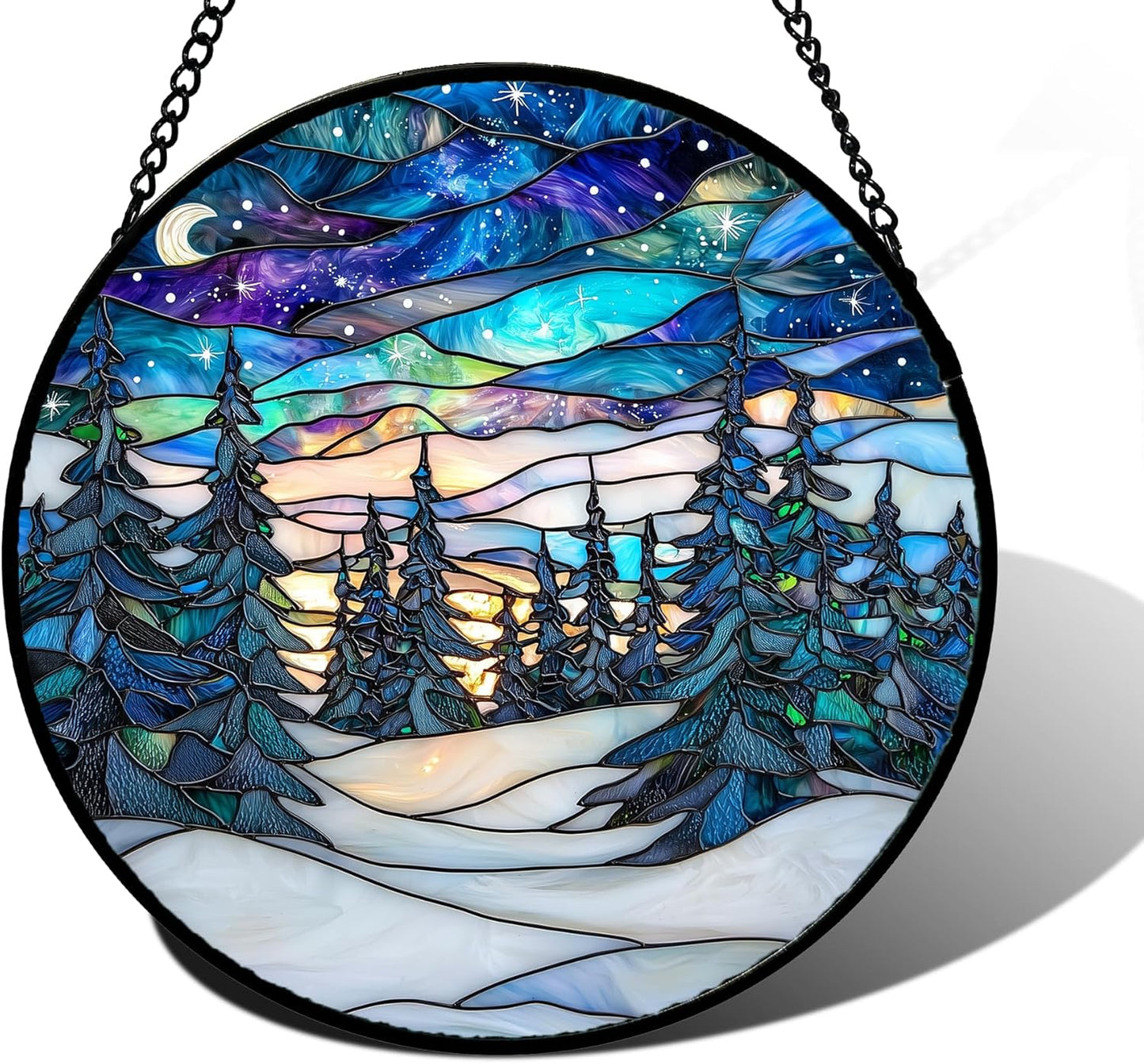 Stained Glass Window Hanging, Starry Sky Trees and Snow Sun Catchers Glass Panel Blue Suncatcher Decor for Birthday for Women, Men, Wife, Aunt, and Mom 9.8 in