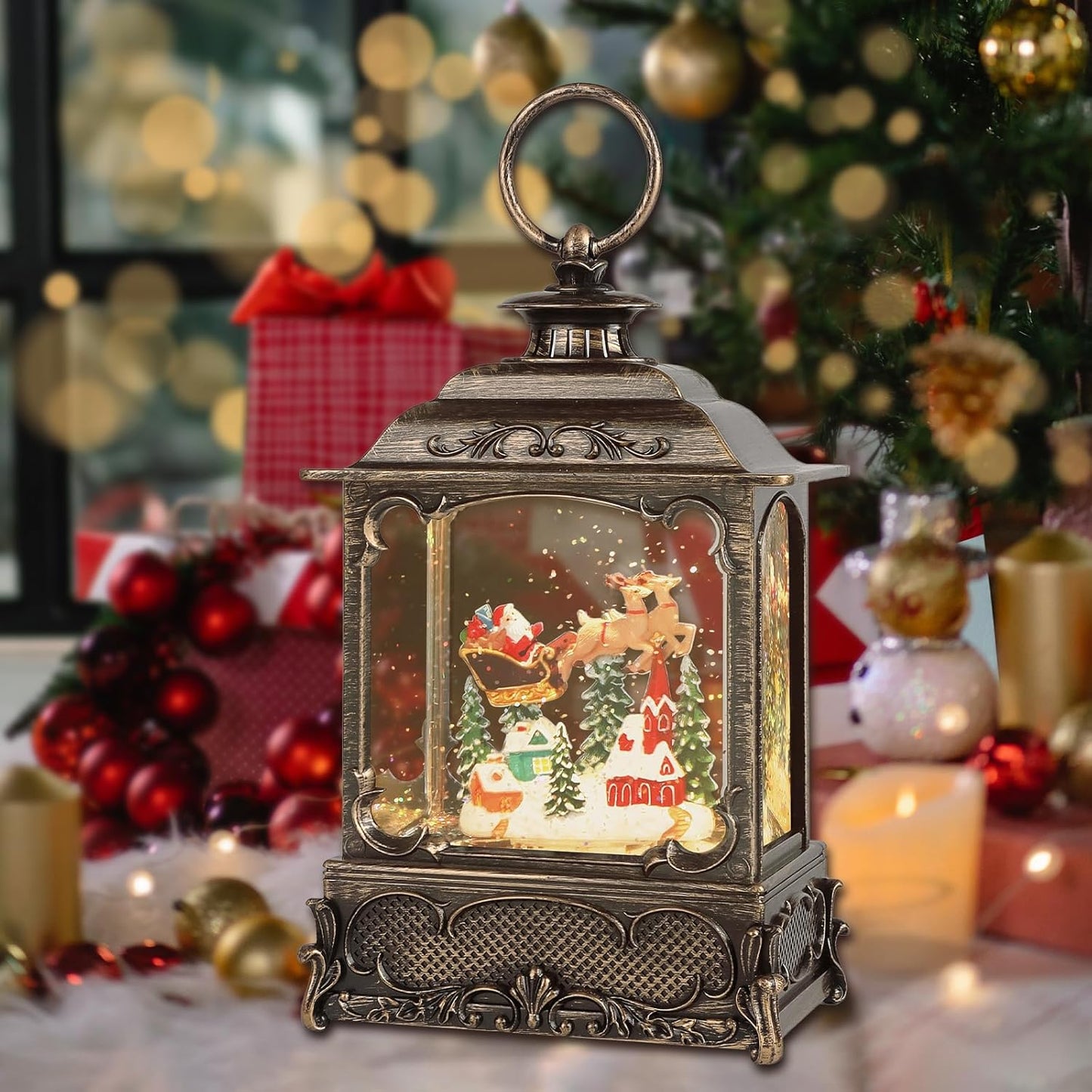 Christmas Snow Globes,Christmas Decorations for Home,with 6 Hour Timer,Musical Snow Globe,Battery Or USB Powered,Christmas Lantern,Christmas Festival Decor, Reindeer Vehicle
