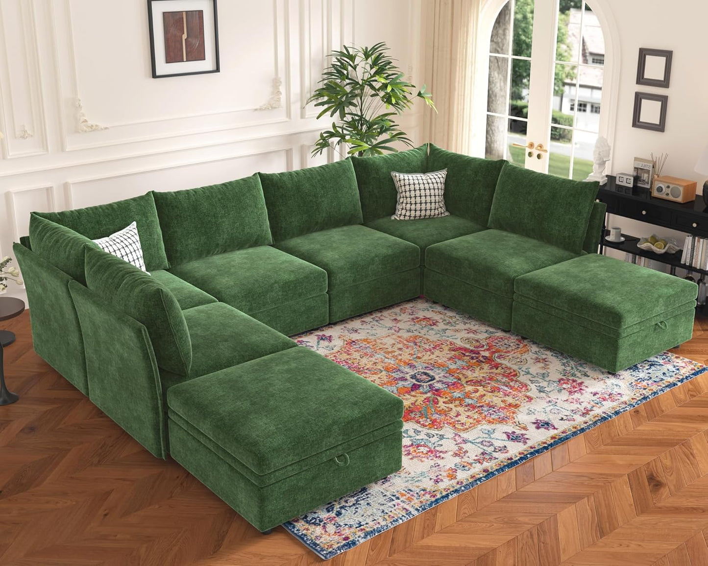 136.4" Oversized Modular Sectional Sleeper Sofa Bed, U Shaped Convertible Couch with Movable Ottoman, Large 8 Seat Corner Couches for Living Room Deep Seat Green Chenille