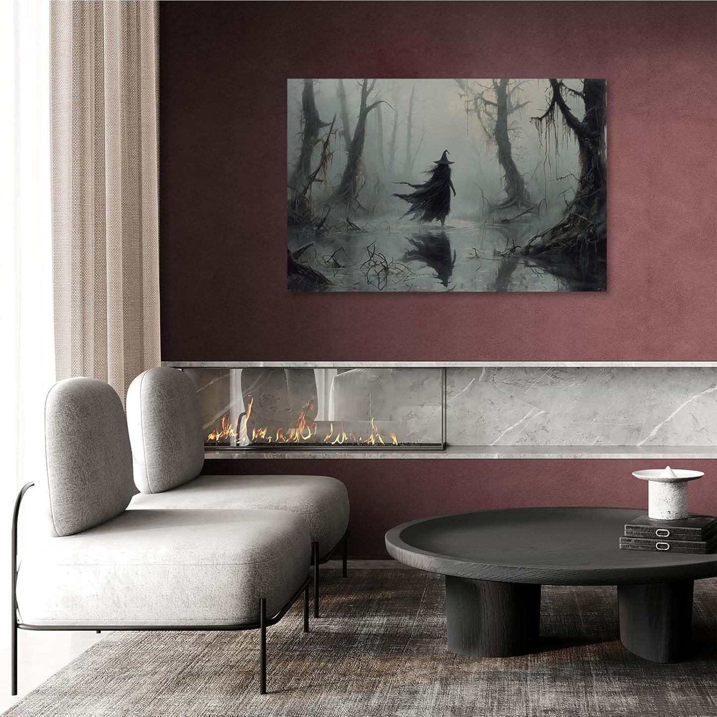 Vintage rustic swamp witch poster dark moody wall art gothic horror season halloween print for home decor retro dark moody painting20x30in Wood Framed