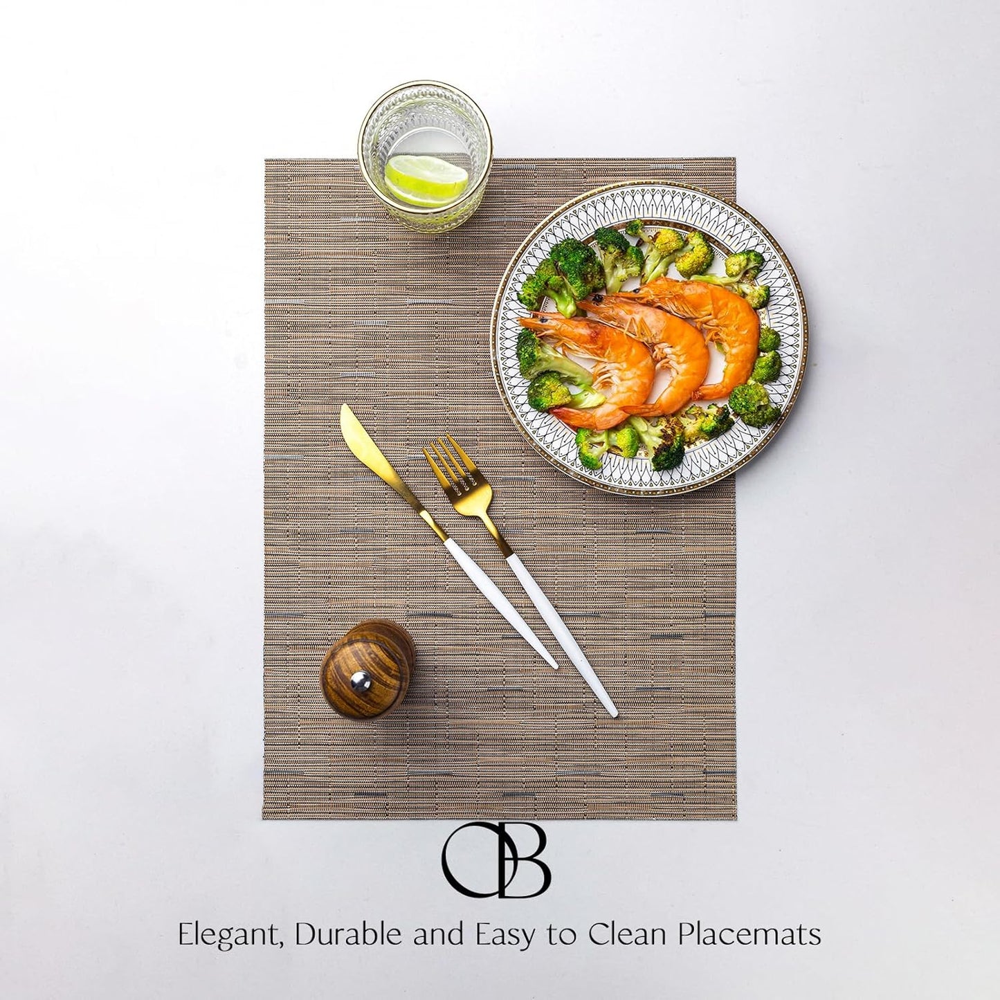 Placemats Set of 4 - Easy Clean Woven Vinyl Placemats for Dining Table, Indoor/Outdoor Place Mats, Washable PVC Table Mats （Light Brown）