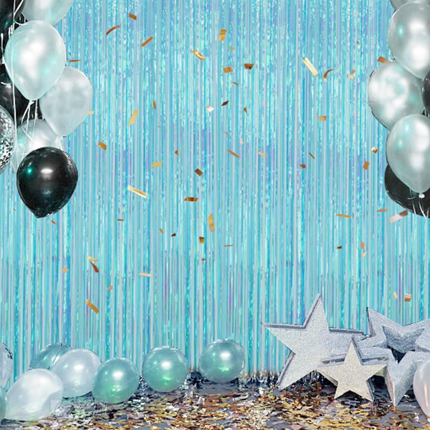 3 Pack Foil Fringe Backdrop - Transparent Blue Shiny Tinsel Curtains for Party Decoration/Photo Booth Props - 3.3x8.2FT Metallic Foil Backdrop for Birthday, Wedding, Graduation, Christmas