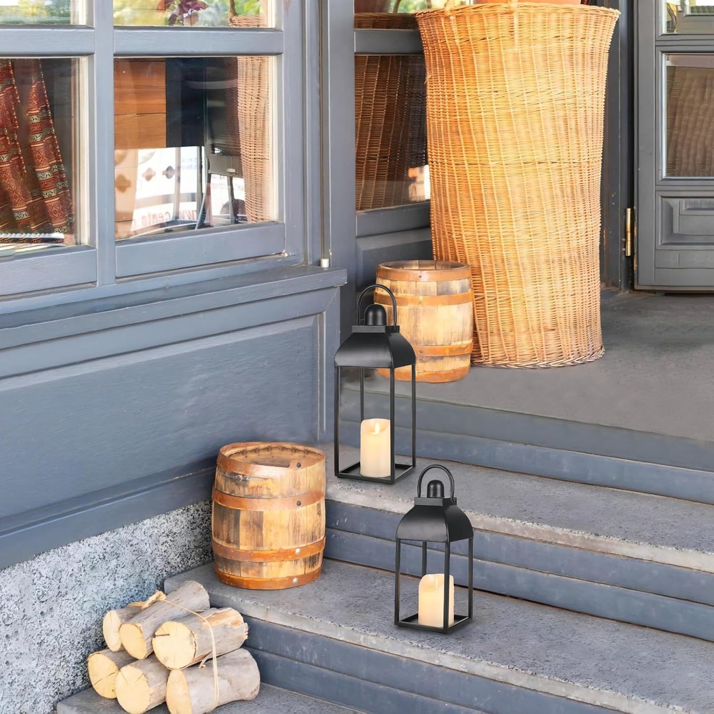 Lanterns Decorative Outdoor Indoor, Black Metal Outdoor Lanterns, 17'' 13'' Set of 2 Modern Farmhouse Candle Lantern Halloween Lanterns Centerpieces for Home, Wedding, Patio, Porch, Mantel