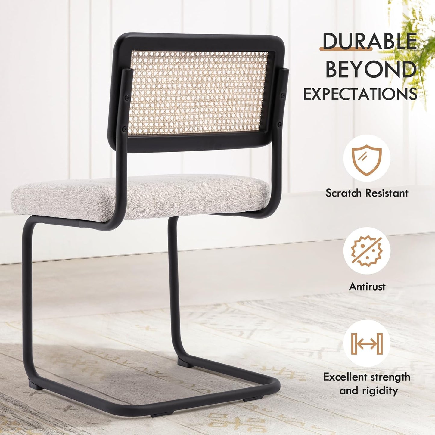 Natural Rattan Dining Chairs Set of 4, Modern Kitchen Chairs with Solid Wood Back, Upholstered Cesca Side Chairs with Comfy Linen Cushion