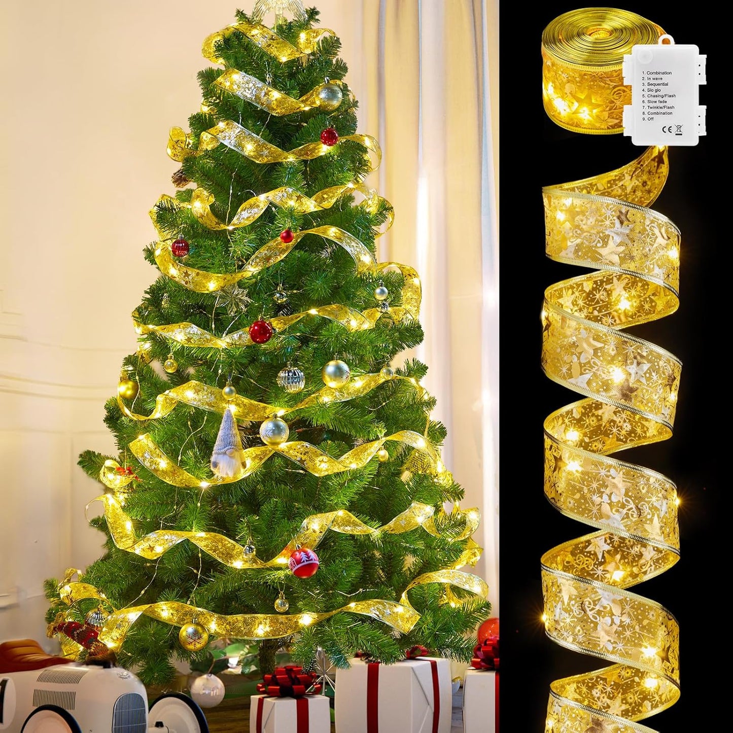 Minetom Christmas Tree Ribbon String Lights - 33ft 100 LED Battery Powered Fairy Lights with Timer and 8 Lighting Modes, Christmas Ribbon Bows Lights for 6ft - 8ft Christmas Tree New Year Decor, Gold