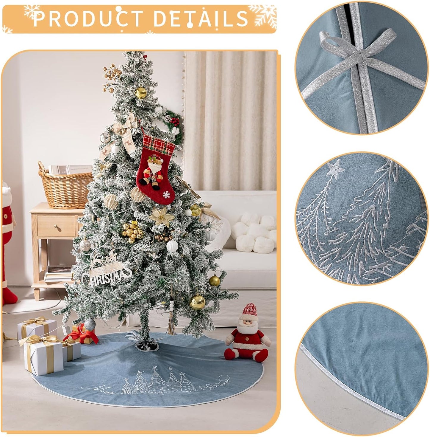 CROWNED BEAUTY Christmas Tree Skirt Blue Velvet Collar 50 Inch Embroidered Silver Pine Trees Soft Plush Fur Holiday Decoration (Blue) TS42-50
