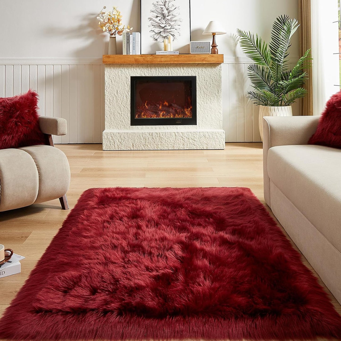 AMTOVO Faux Fur Sheepskin Rug for Living Room, 4 x 6 ft Burgundy Fluffy Area Rug for Bedroom, Playroom, Luxury Room Decor, Rectangle