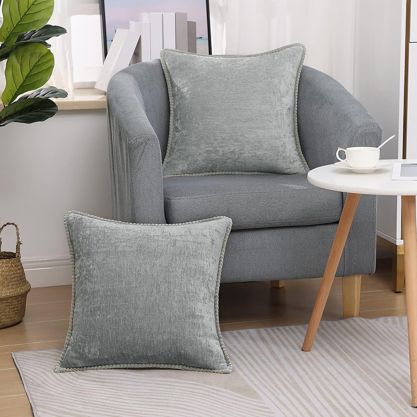 decorUhome Chenille Soft Throw Pillow Covers 20x20 Set of 2, Farmhouse Velvet Neutral Decorative Euro Pillow Covers with Stitched Edge for Couch Sofa Bed Home Decor, Neutral Gray