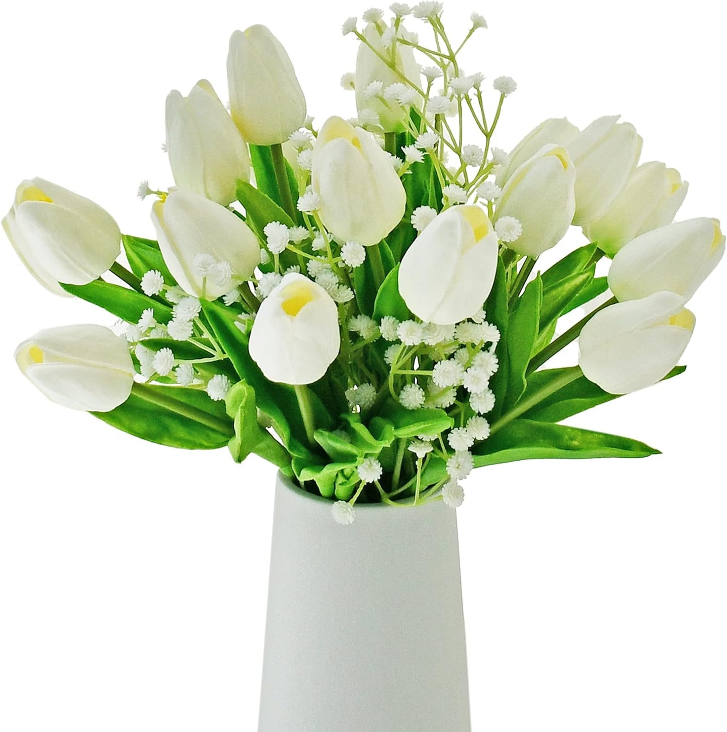 Mandy's Artificial Tulips 20 Stems White with 3pcs White Baby's Breath PU Faux Flowers for Wedding Home Decor 13.5 Inch