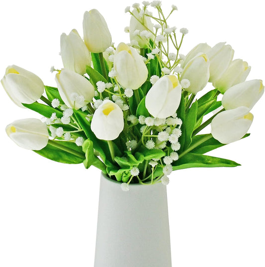 Mandy's Artificial Tulips 20 Stems White with 3pcs White Baby's Breath PU Faux Flowers for Wedding Home Decor 13.5 Inch