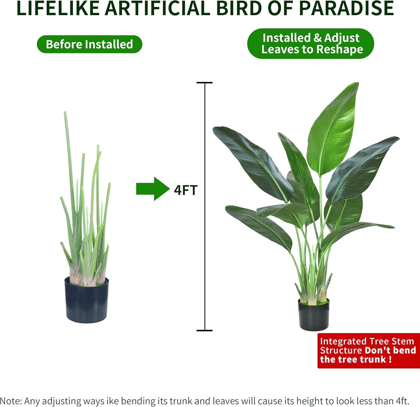 Artificial Bird of Paradise Plant,Faux Palm Tree Potted Plant with Real Touch Leaves,Fake Trees for Home Living Room Office Indoor Outdoor Decor(4FT-1Pack)