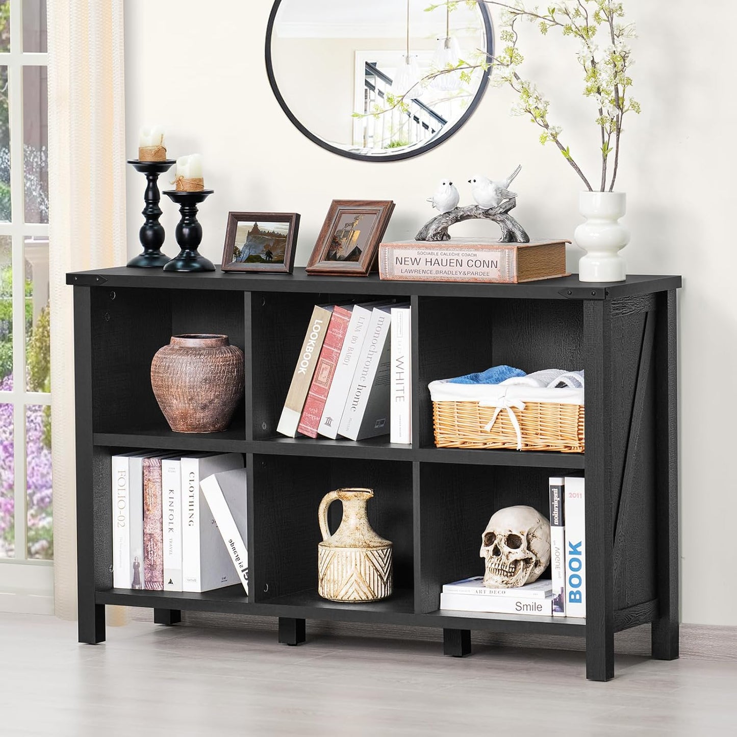 6 Cube Bookcase, Farmhouse Wood Low Storage Organizer Book Shelf, Black 47" Horizontal Console Bookshelf with Legs, Hallway Book Case for Entryway, Display Cabinet for Living Room, Office