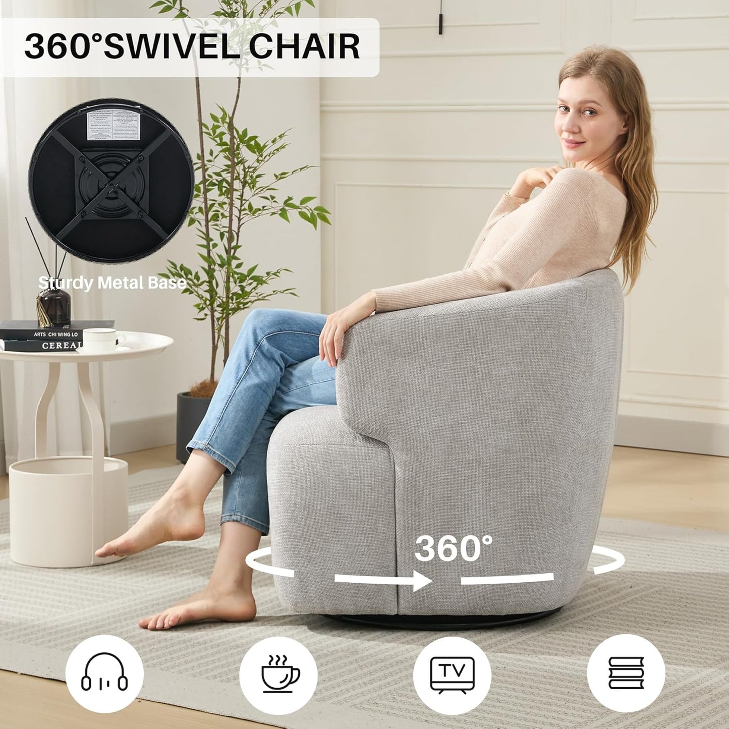 Swivel Accent Chair, Chenille Barrel Chair for Living Room, Cozy Round Boucle Arm Chair, Metal Base for Club Nursery Bedroom, Light Grey