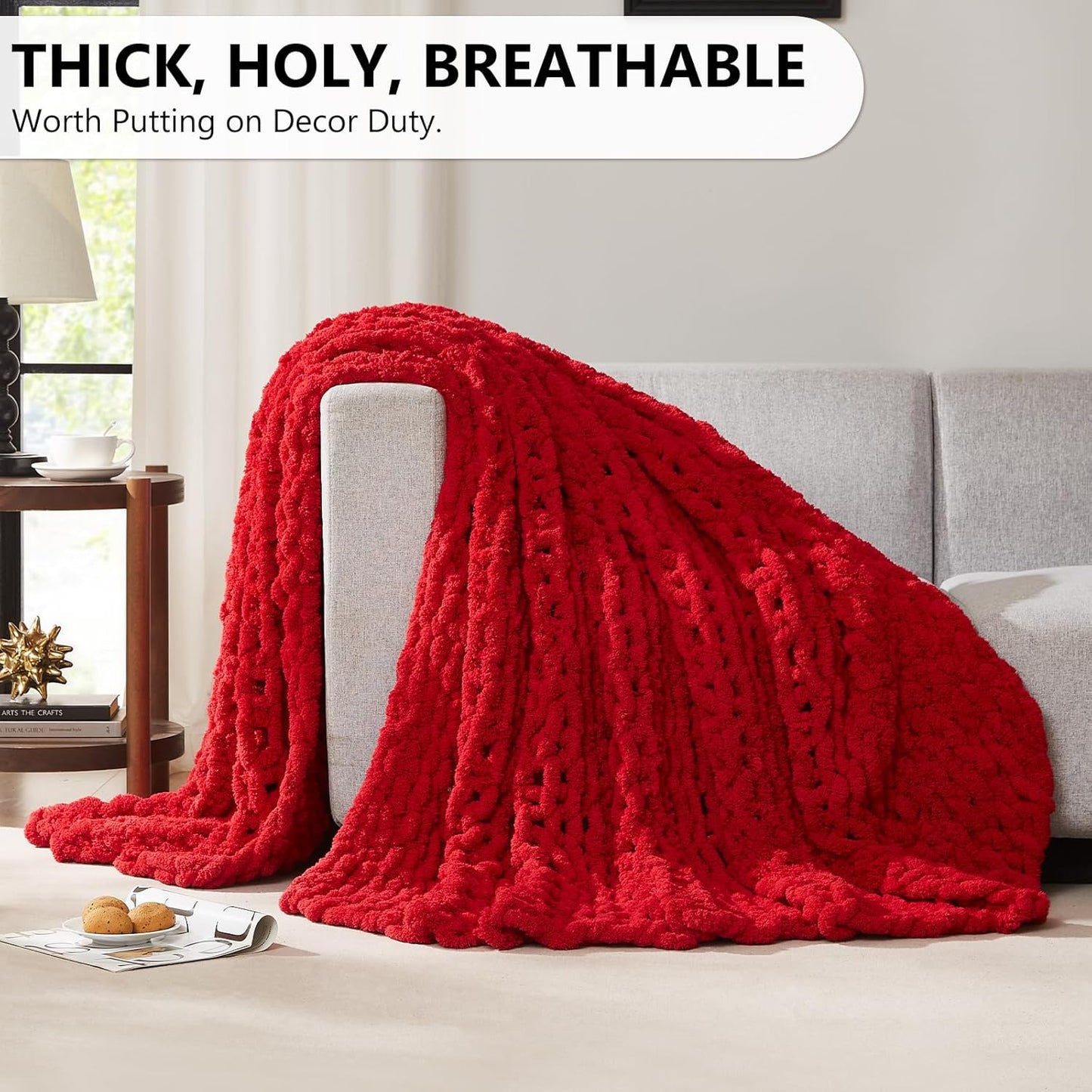 L'AGRATY Chunky Knit Blanket Throw - Soft Chunky Throw Blanket 30x40: 100% Hand Kintted Chenile Crochet Blanket Large Cable Knit Chunky Blanket - Rope Knot Throw Blanket for Couch Home Decor(Red)