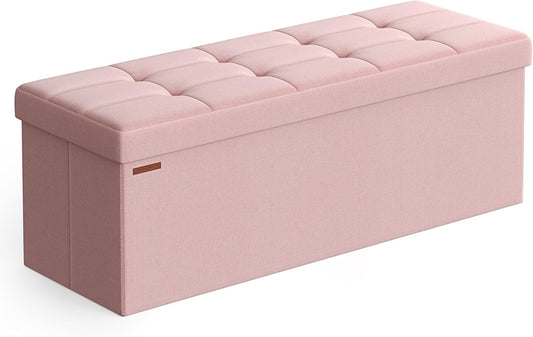 SONGMICS MAZIE Collection - 43 Inches Folding Storage Ottoman Bench, Ottoman Foot Rest, End of Bed Bench, Storage Chest, Load 660 lb, for Living Room, Bedroom, Entryway, Jelly Pink ULSF077R11