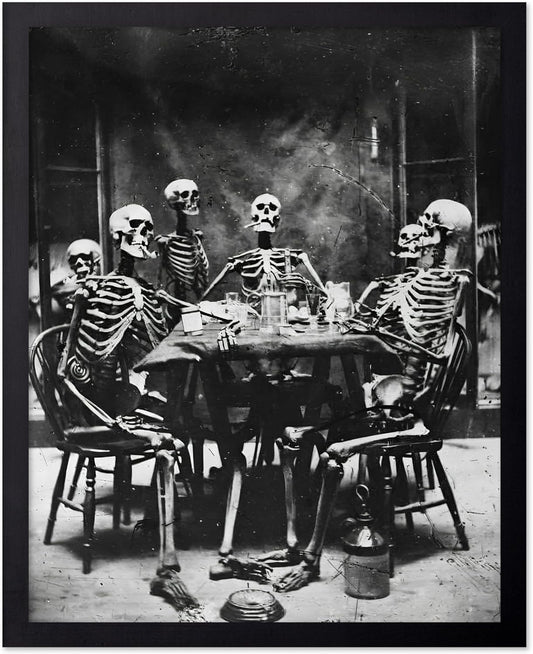 Poster Master Vintage Photograph Poster - Retro Daguerreotype Print - Gift for Artist, Friend - Skeletons Smoking at Table, Dinner Party, Goth - Wall Decor for Home, Dorm, 16x20 Black Framed