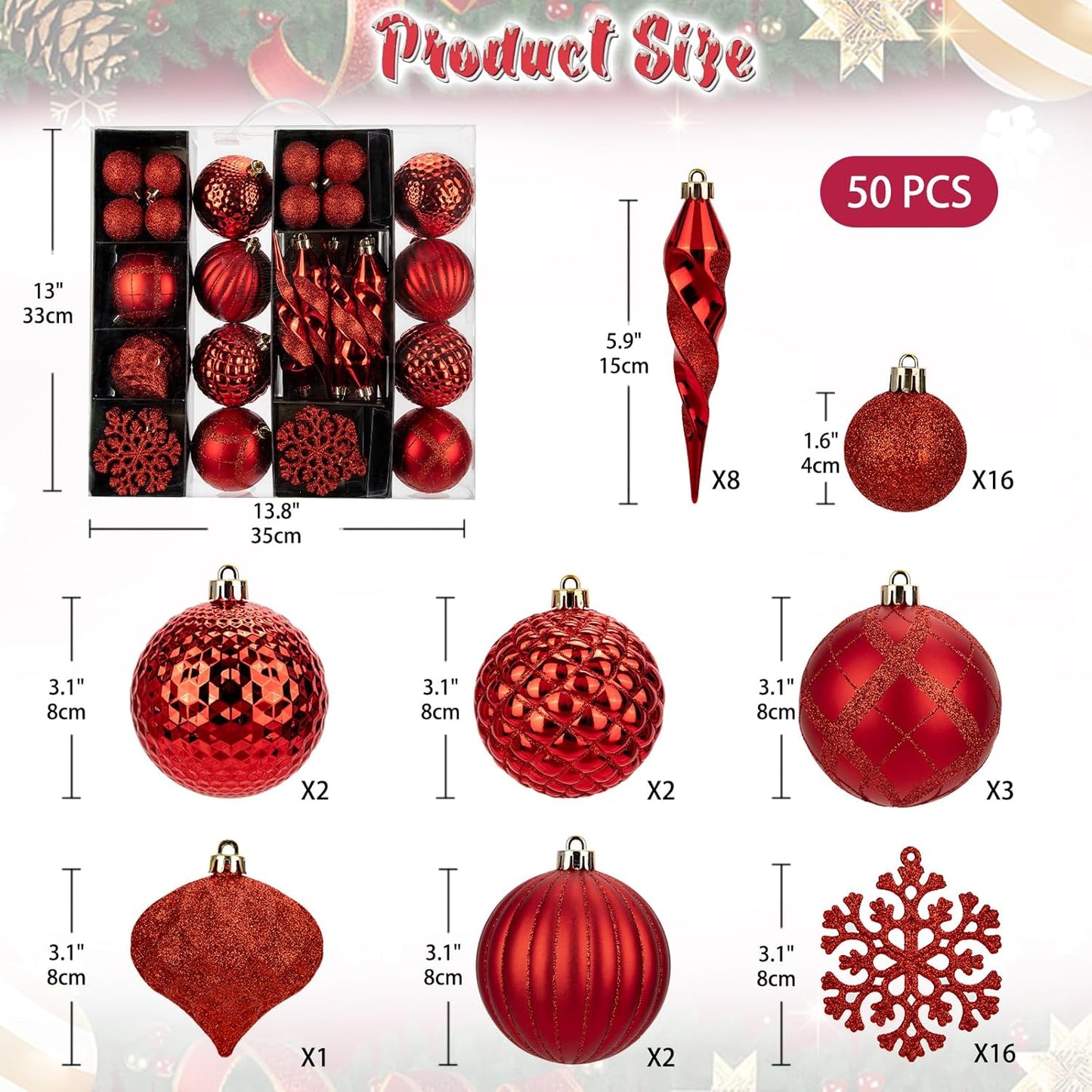 50PCS Christmas Tree Ornaments Set with Shatterproof Balls Icicle Snowflake Hanging Ornaments for Home Office Farmhouse Christmas Decorations, Red