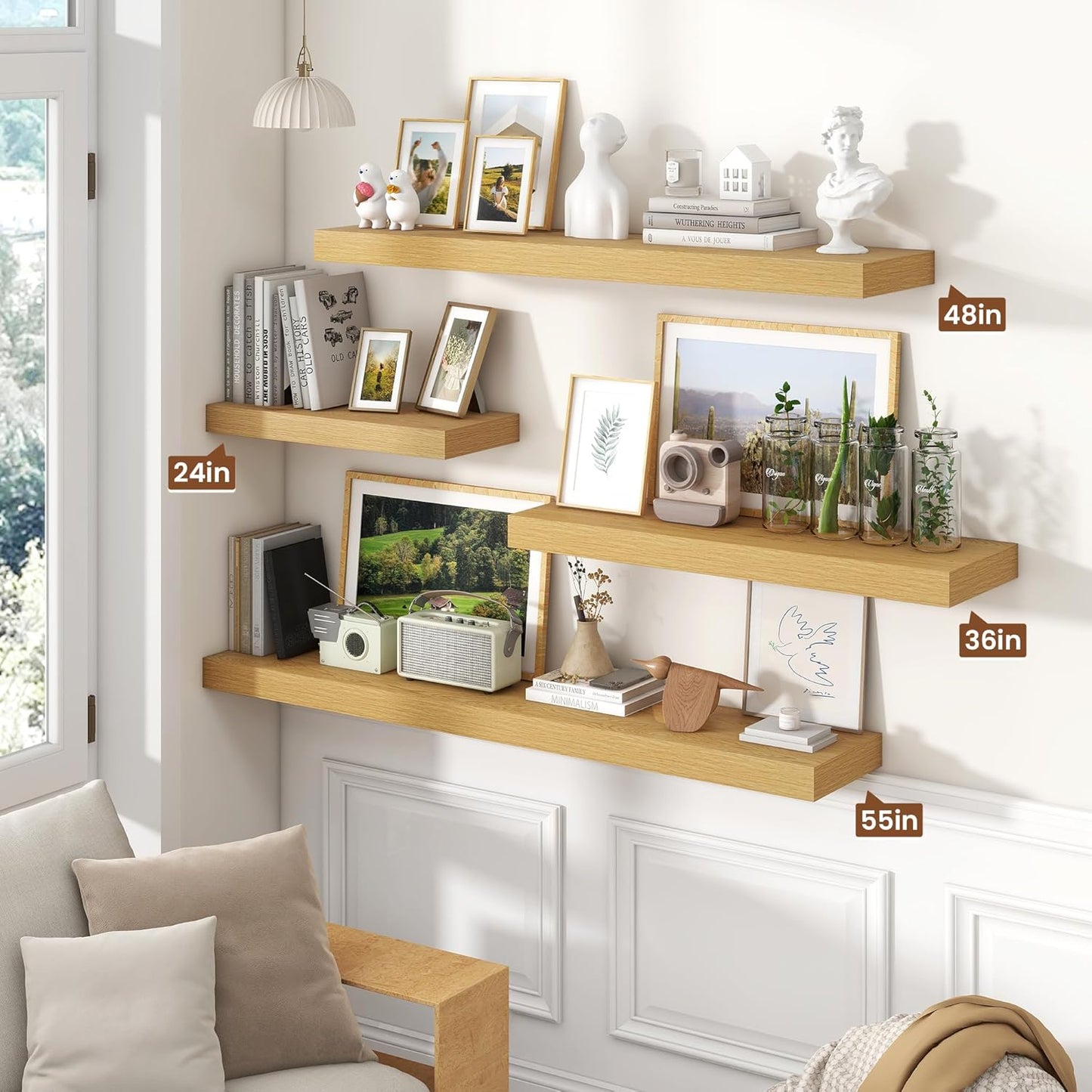 Heimlove 48" Floating Shelves for Wall,10 Deep Rustic Wood Storage Wall Shelves with Heavy Duty Brackets for Bathroom,Bedroom,Kitchen,Living Room,Office,Set of 2,Oak Color