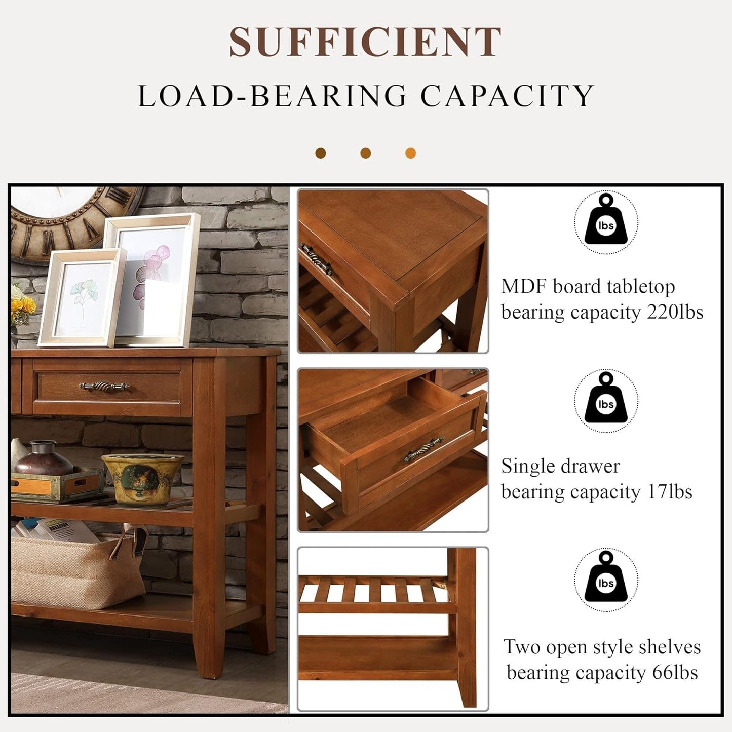 Solid Wood Console Table Entryway Table with Storage Drawers and Shelves Sofa Tables (42" Brown)