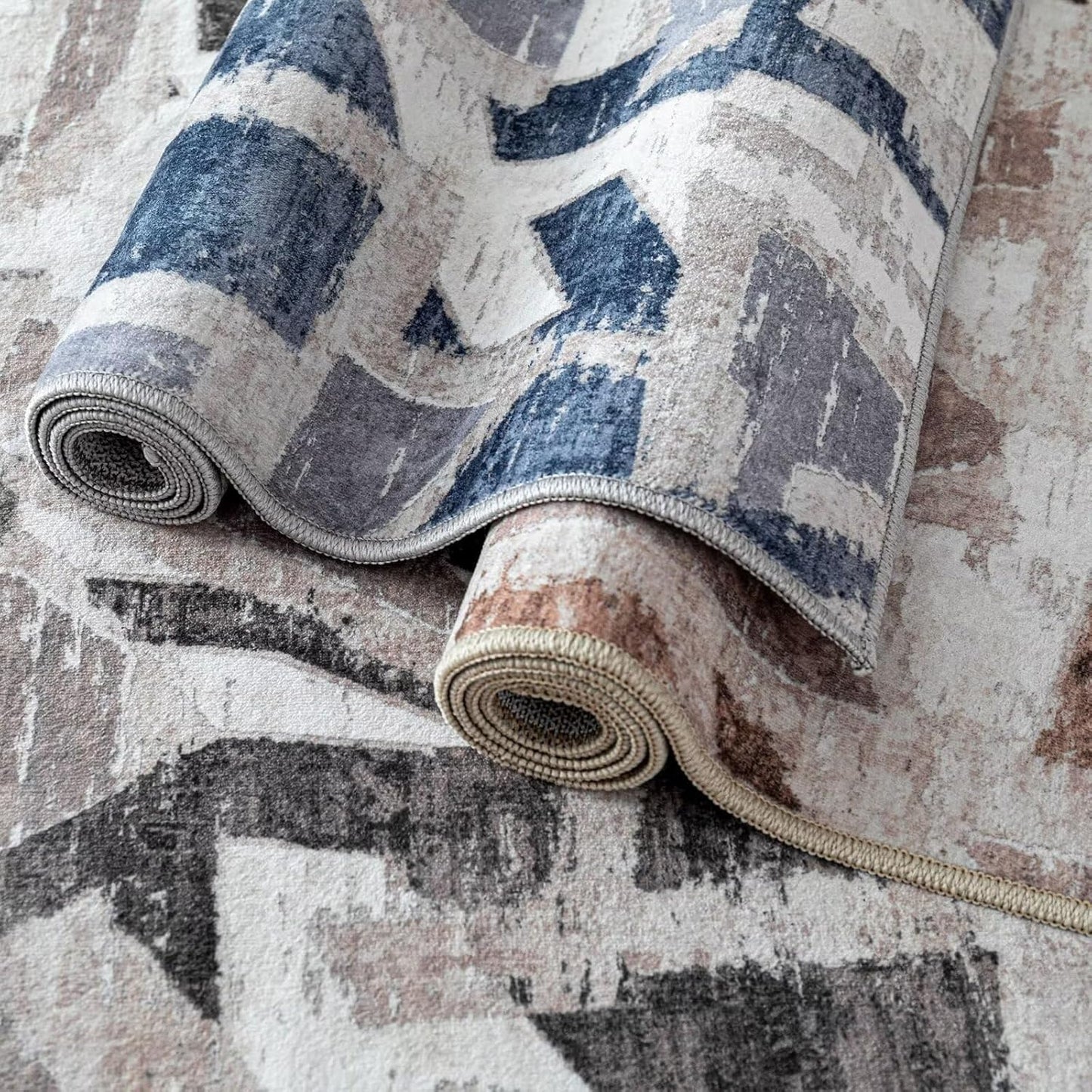 Modern Abstract Blue 8X10 Area Rug for Living Room Bedroom Washable, with Non-Slip Rubber Backing Print Faux Wool Thin, Throw Large Carpet for Kids Playroom Dining Room Pet & Child Friendly