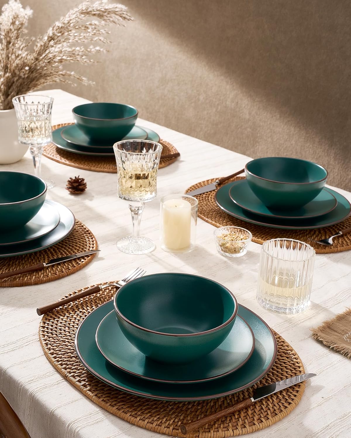 Famiware Venus Ceramic Plates and Bowls Sets, Speckled Dinnerware Dish Sets for 8 (24 Pieces) - Microwave and Dishwasher Safe, Matte Dark Green