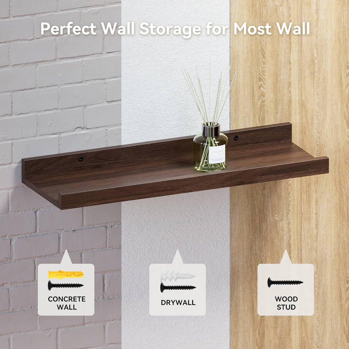 RICHER HOUSE 5 Set Floating Shelves for Wall Decor, Wall Mounted Book Shelf, Nursery Shelves Picture Ledge Shelf with Lip for Wall Storage, Bedroom, Living Room, Bathroom - Walnut