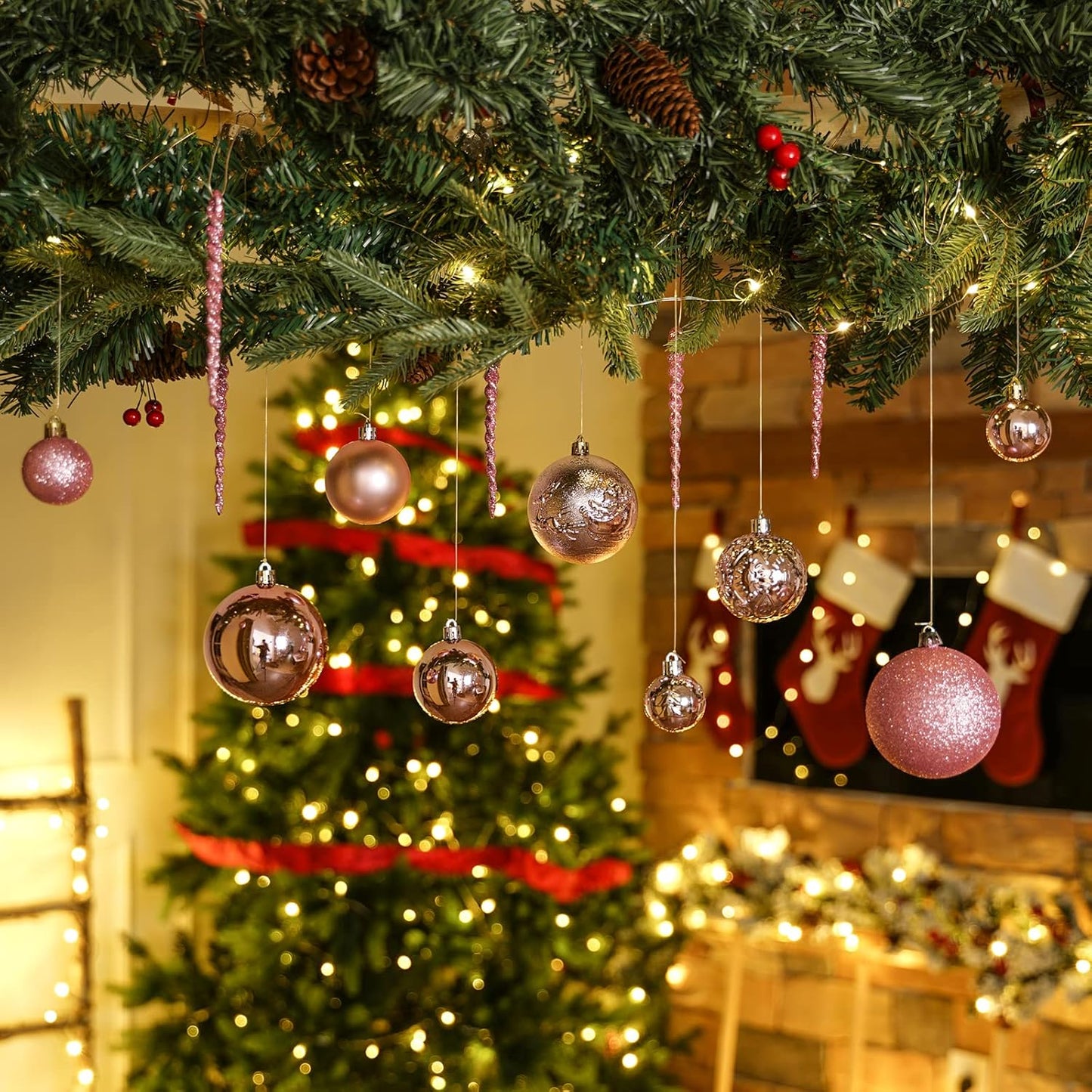 Christmas Ball Ornaments for Christmas Decorations - 41 Pieces Xmas Tree Pink Shatterproof Ball Ornaments with Hanging Loop for Holiday and Party Decoration