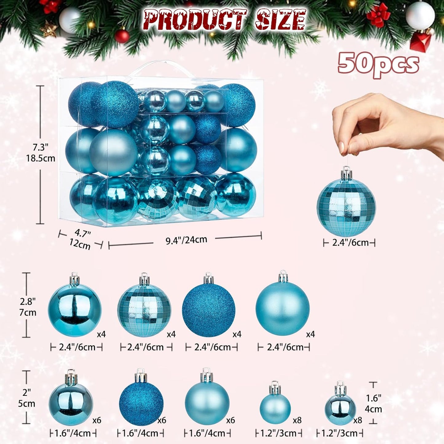50pcs Christmas Ball Ornaments Lake Blue Large Shatterproof Christmas Tree Balls Decorations Xmas Tree Christmas Ornaments Balls with Hanging Loop for Christmas Wedding Holiday Party Wreath Home Decor