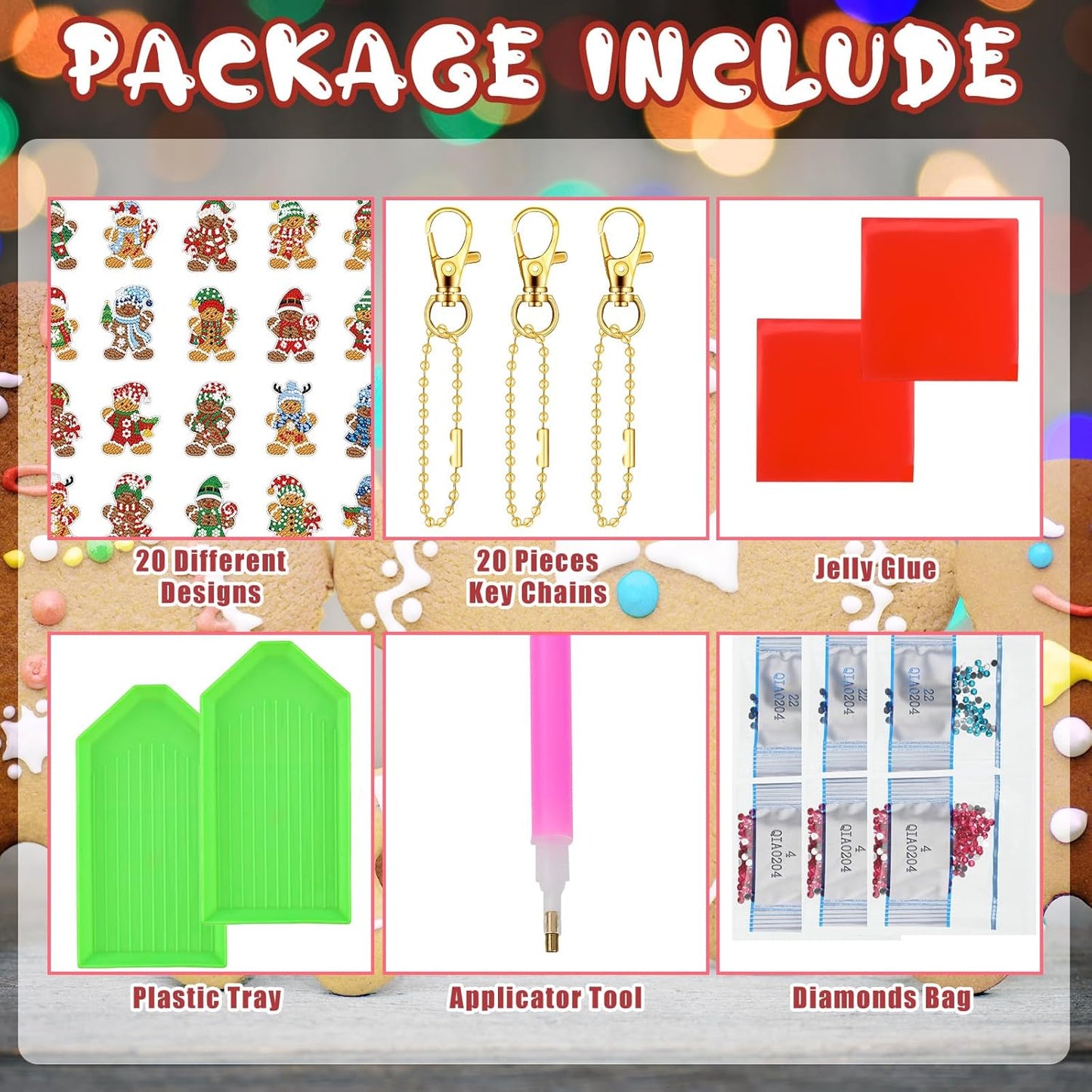 Tondiamo 20 Pcs Christmas Diamond Painting Keychain Kits 5D DIY Diamond Art Pendants Double Sided Hanging Key Chains for Christmas Party Decoration DIY(Gingerbread Man Style)