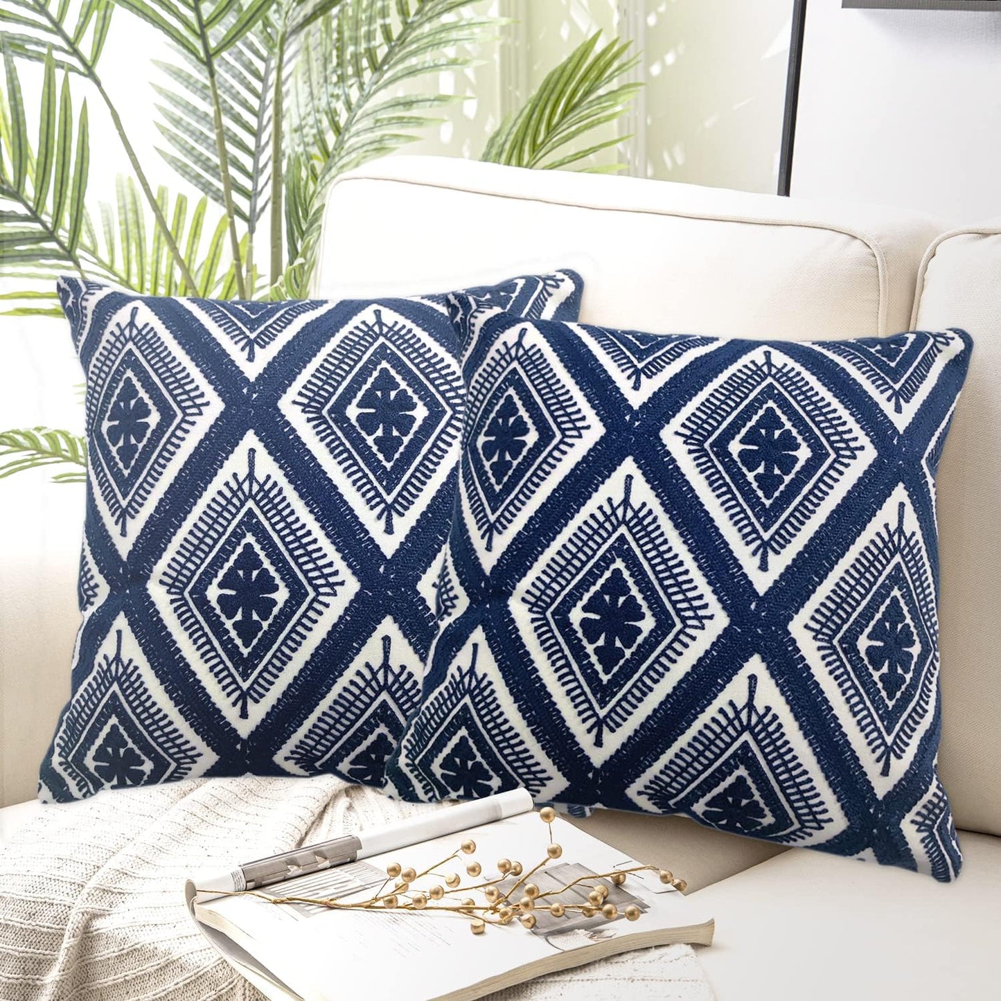 Alysheer Embroidered Decorative Throw Pillow Covers 18x18 inches Set of 2 Pieces, Boho Geometric Modern Chic Classic Pattern Cotton Cushion Cases for Sofa Couch Bed Living Room(Navy Blue)