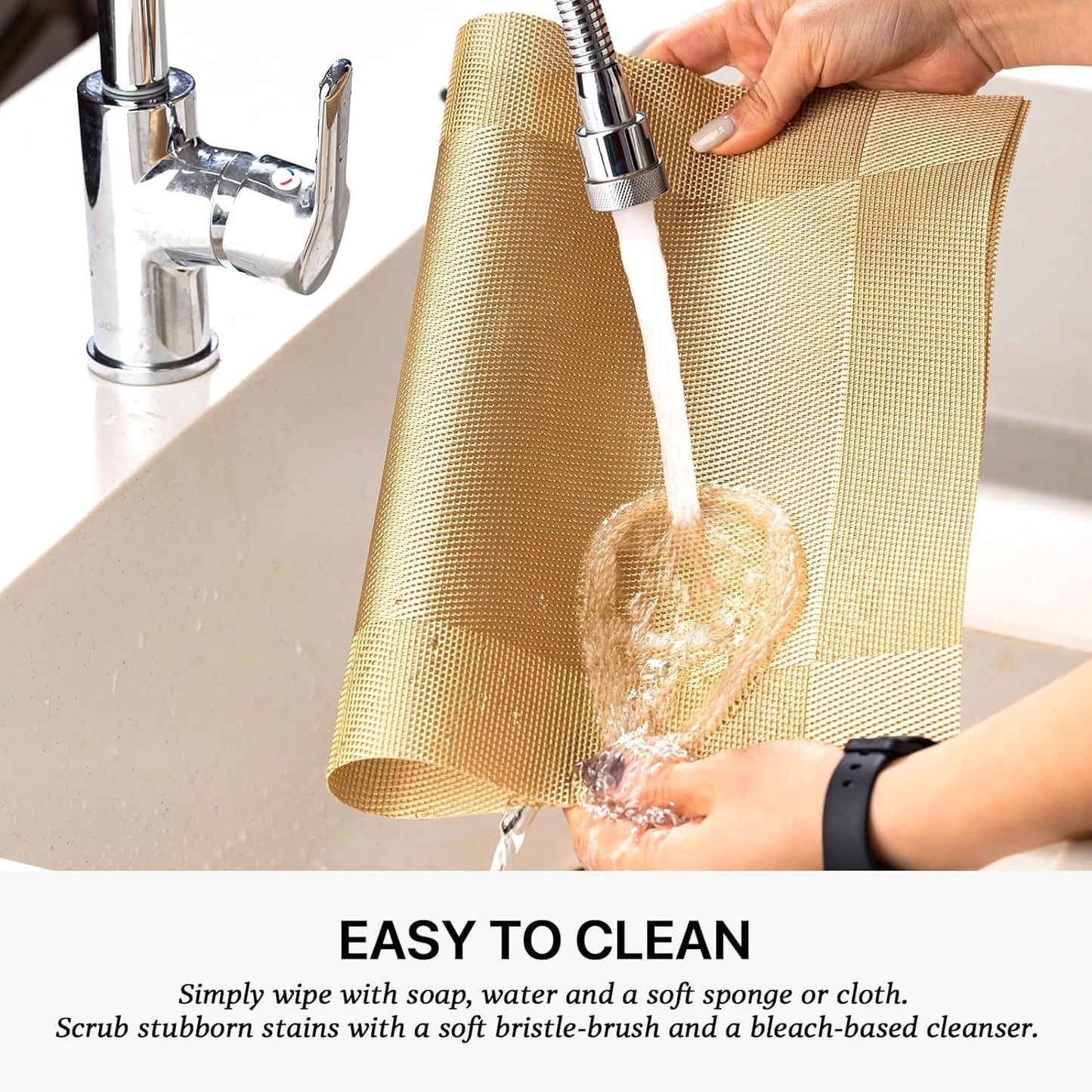 LEXMORE PlaceMats Set of 12 Vinyl/Plastic Woven Place Mats for Kitchen Table Indoor/Outdoor Washable PlaceMat Wipeable Dining Table Mats(Gold Cube)