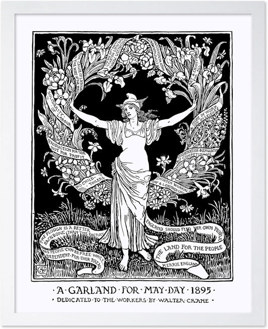 Poster Master Vintage Walter Crane Poster - Retro A Garland for May Day Print - Socialist Art - Gift for Him, Her, Men, Women - Wall Decor for Home, Office, Living Room, 8x10 White Framed