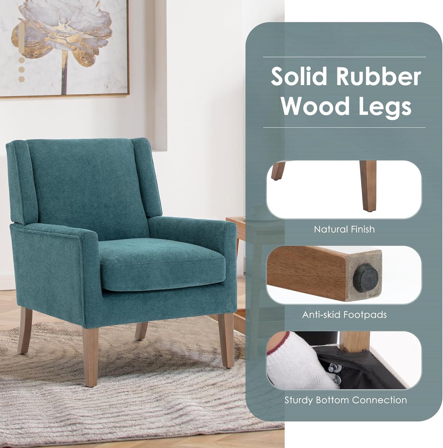 COLAMY Modern Wingback Living Room Chair Set of 2, Upholstered Fabric Accent Armchair, Single Sofa Chair with Lounge Seat and Wood Legs for Bedroom/Office/Reading Spaces, Teal