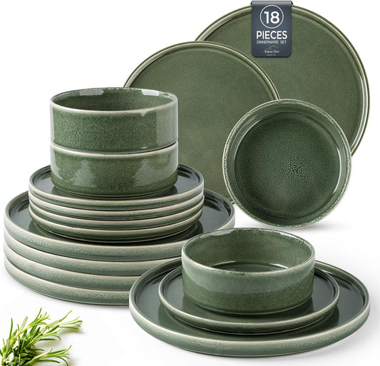 AmorArc Ceramic Dinnerware Sets, Handmade Reactive Glaze Stoneware Plates and Bowls Sets,Highly Chip and Crack Resistant | Dishwasher & Microwave Safe Dishes Set, Service for 6 (18pc)